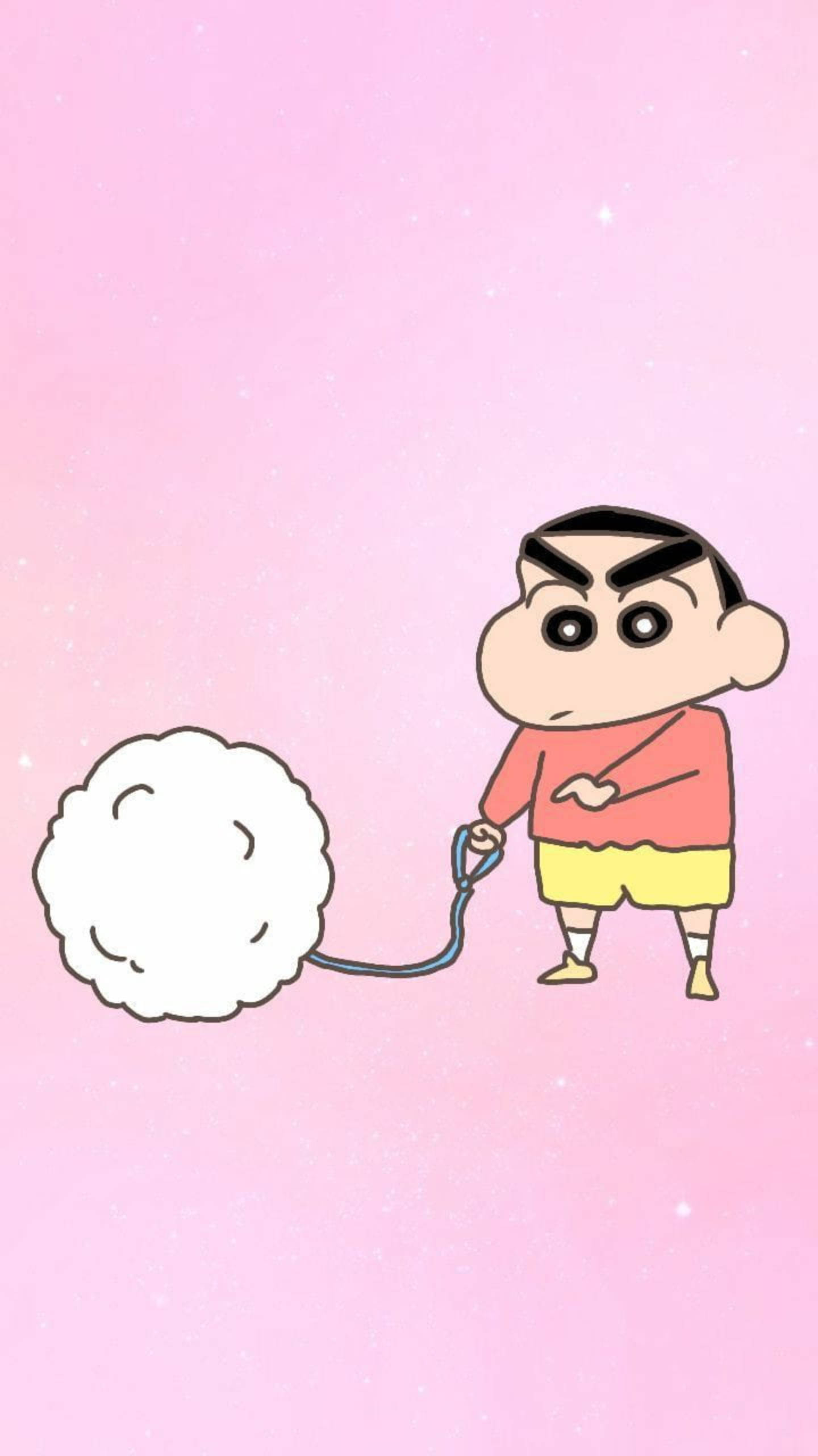 shinchan 桌布 壁紙 — 蠟筆小新在柔和粉紅色星星背景上，拉著一條連住 fluffy 白色雲的狗帶。