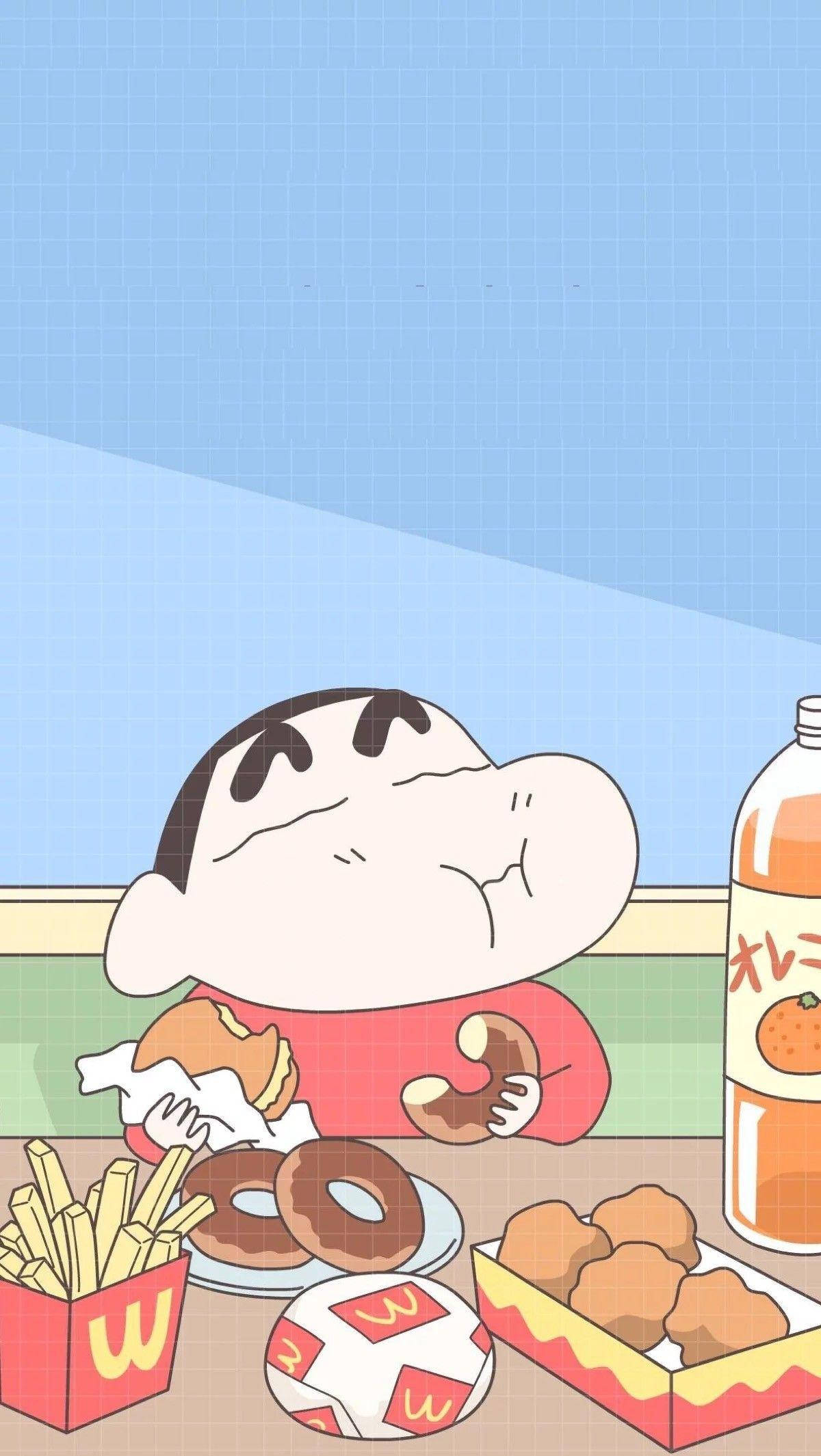 shinchan 桌布 壁紙 — 蠟筆小新在格子桌上開心地吃著速食，有甜甜圈、薯條和飲料。