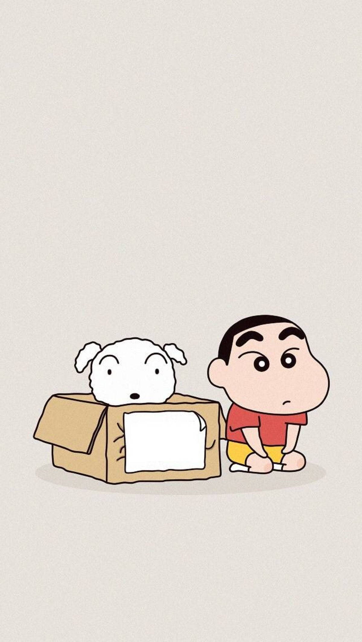 shinchan 桌布 壁紙 — 蠟筆小新坐在一個紙箱旁邊，他的白色小狗從箱中探出頭來，背景是純米色。