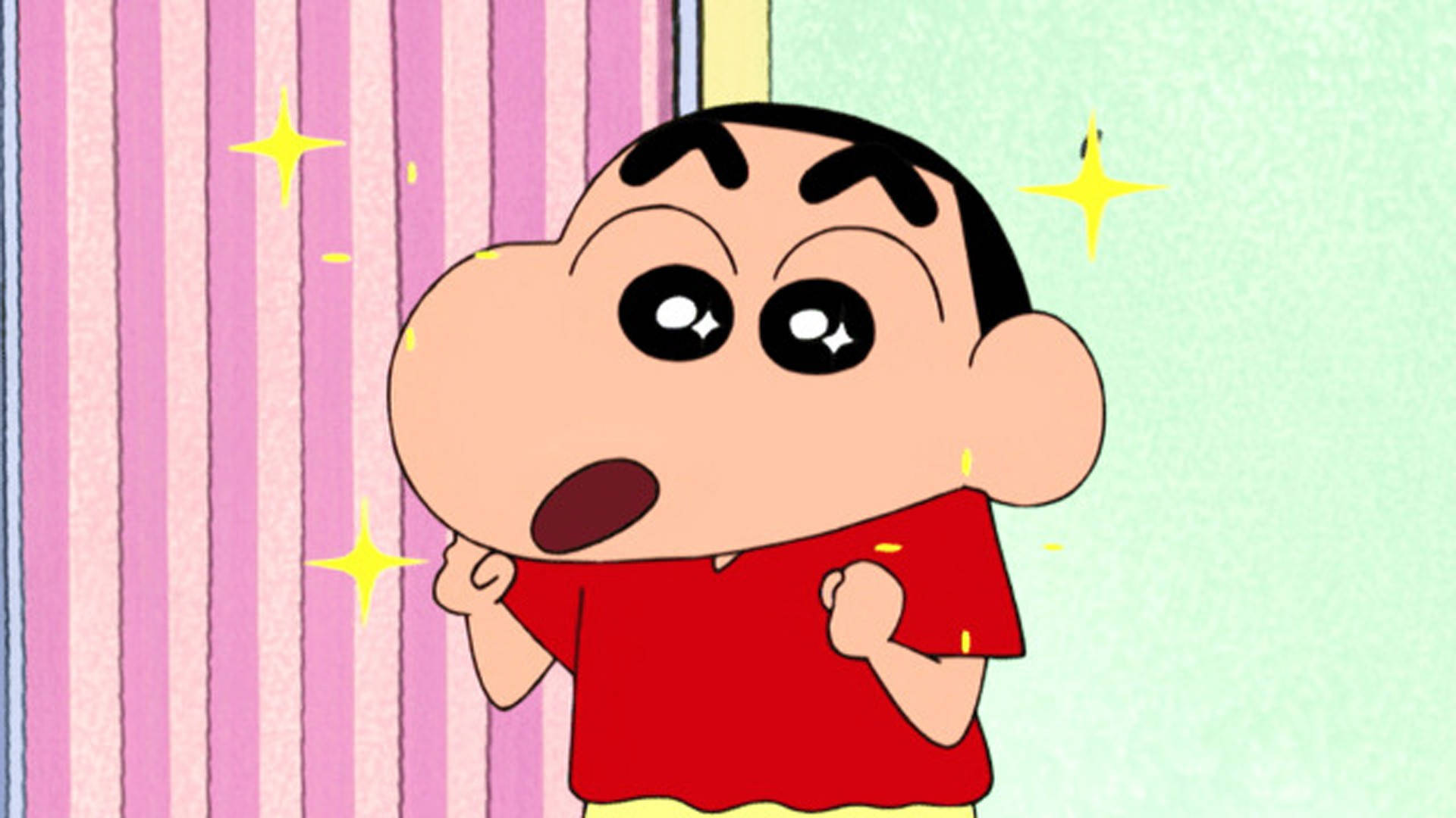 Shin Chan 桌布 壁紙 — 蠟筆小新站在粉紅色條紋牆和薄荷綠背景前，周圍有閃光，表現得很驚訝。