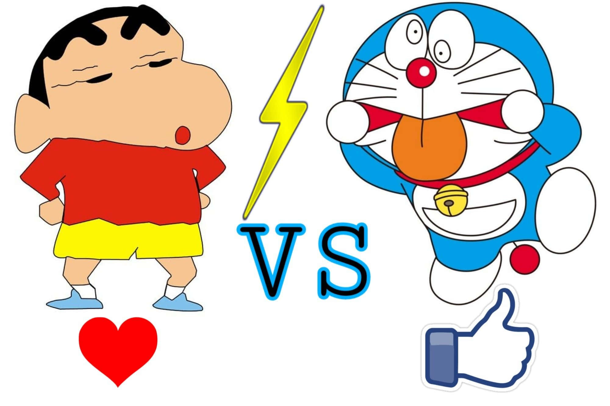 Doraemon 桌布 壁紙 — 蠟筆小新與哆啦A夢在卡通對決中，中間有閃電和「VS」字樣。