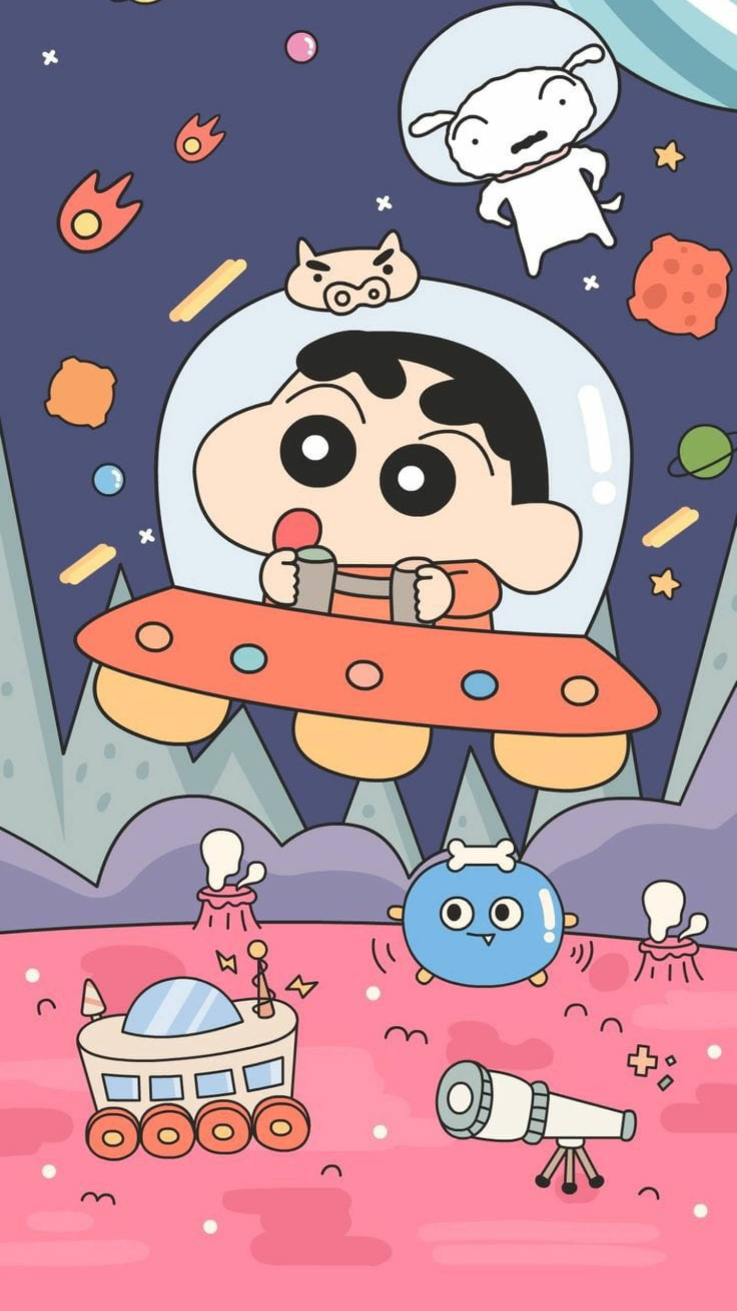 shinchan 桌布 壁紙 — 蠟筆小新駕駛紅色UFO穿過滿天星斗的紫色天空，下方有漂浮的行星和外星生物。