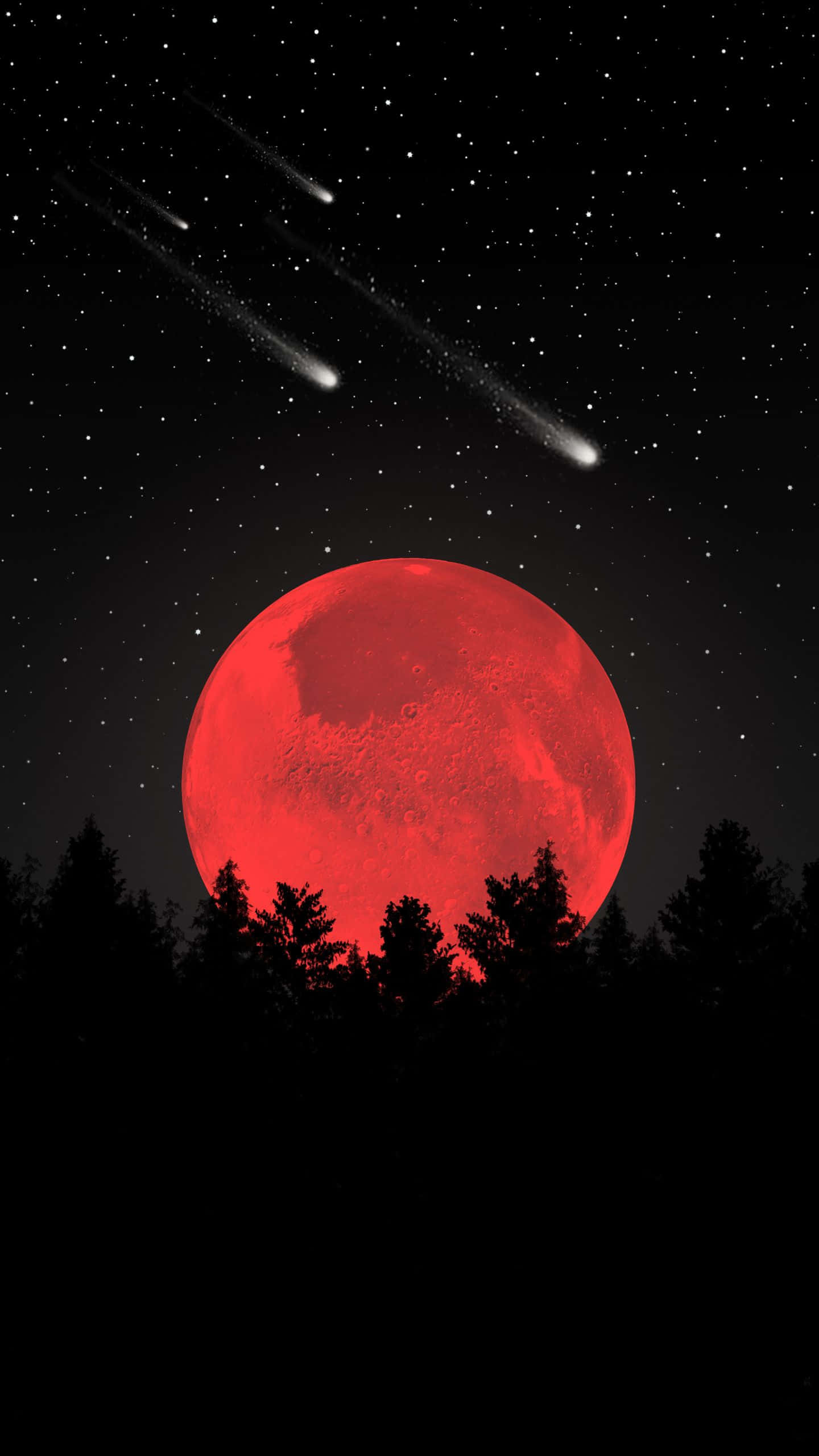 Pretty Moon 桌布 壁紙 — 血紅月亮在黑暗森林剪影後升起，三顆明亮彗星劃過繁星點點的夜空。