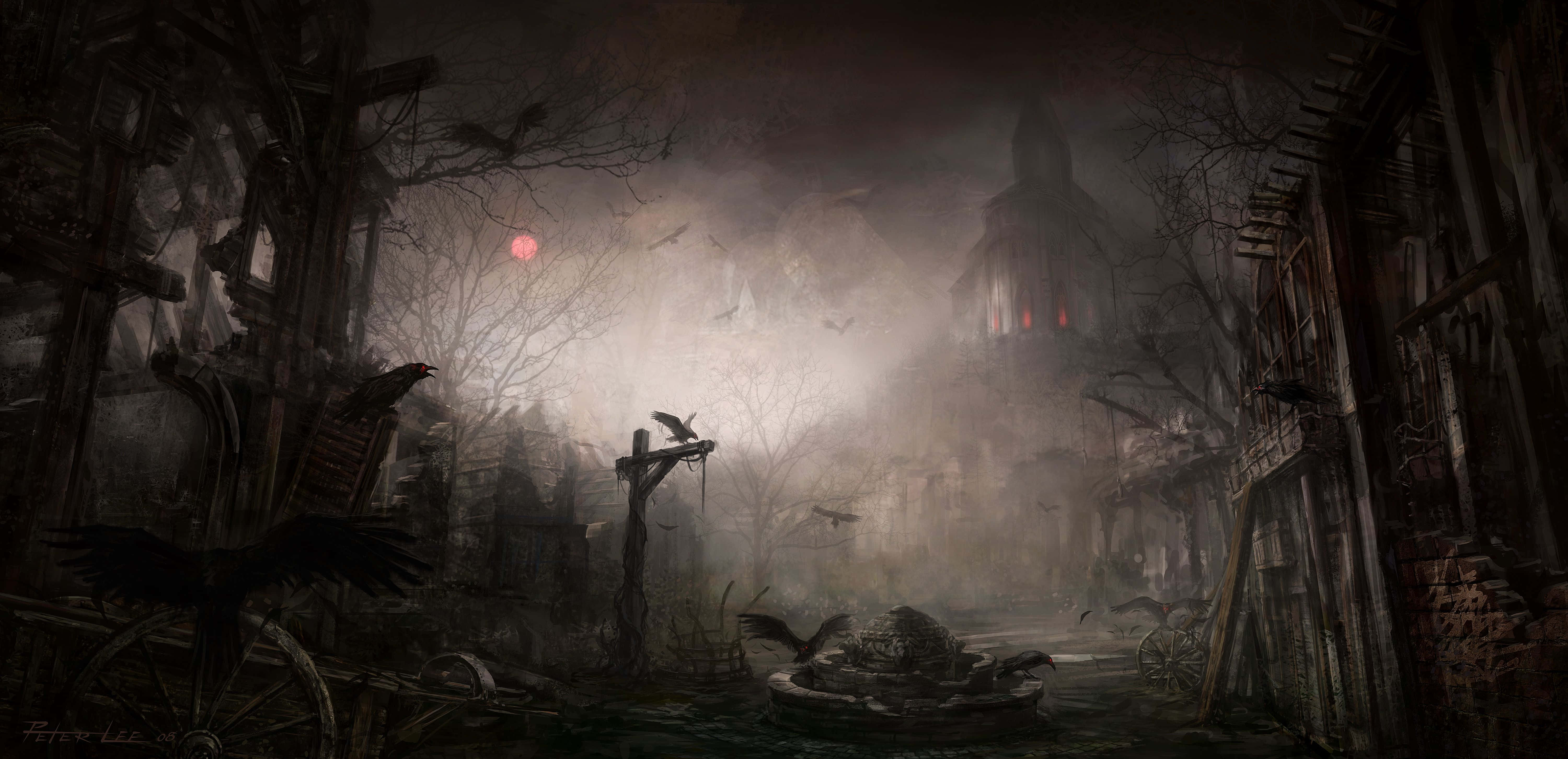 Dark Gothic 桌布 壁紙 — 血紅月色下，夜間陰森霧氣瀰漫的墓地，有破舊墓碑、烏鴉和遠處的鬼教堂。