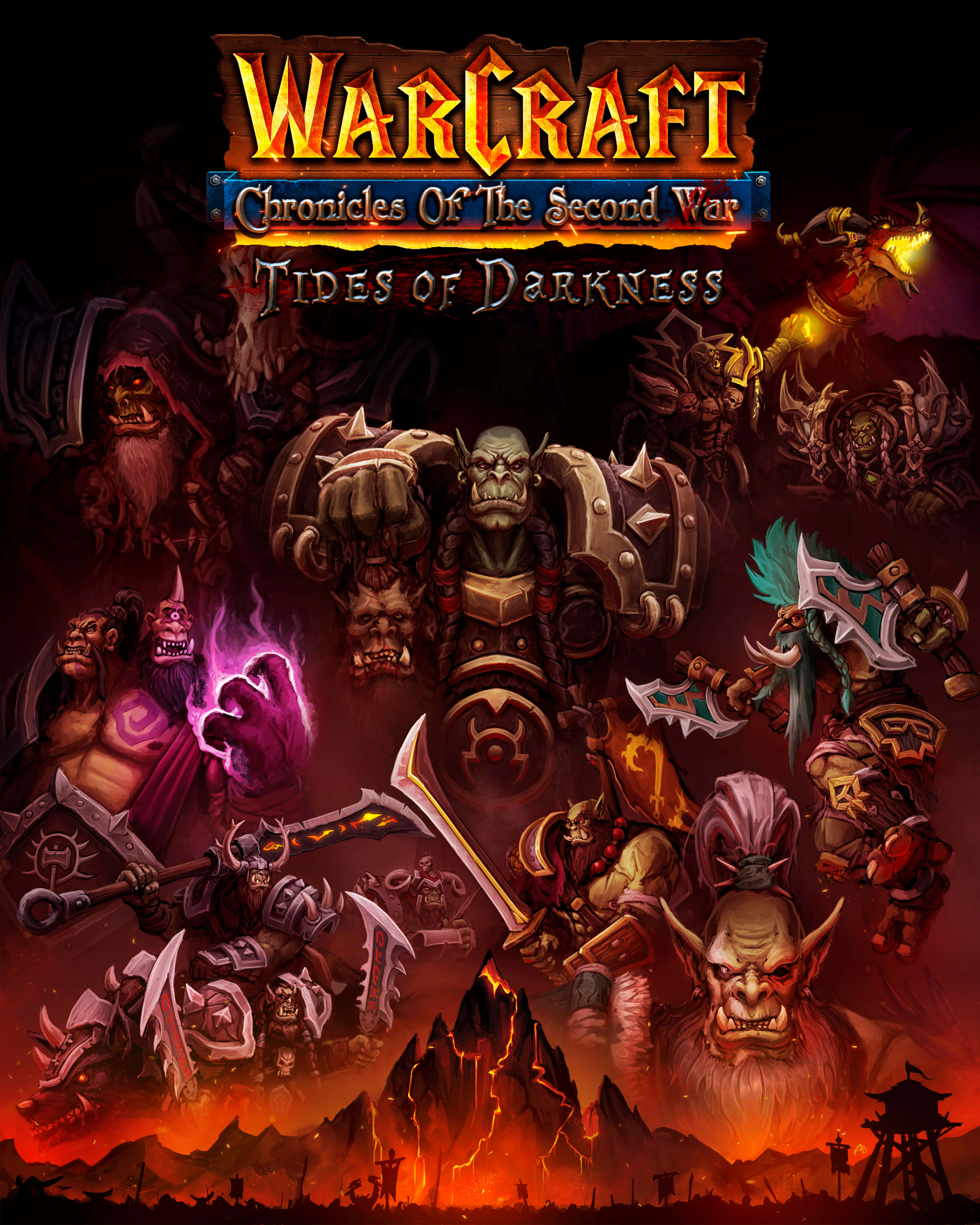 Warcraft 2 桌布 壁紙 — 血紅色天空下，以火山為背景，獸人戰士與黑暗魔法展開的熾熱奇幻戰鬥場景。