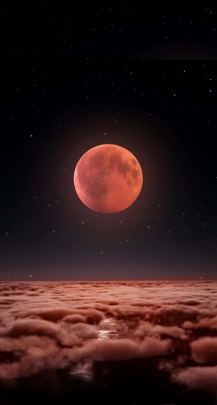 Celestial Bodies 桌布 壁紙 — 血紅色的月亮在星空下的雲海之上發光。