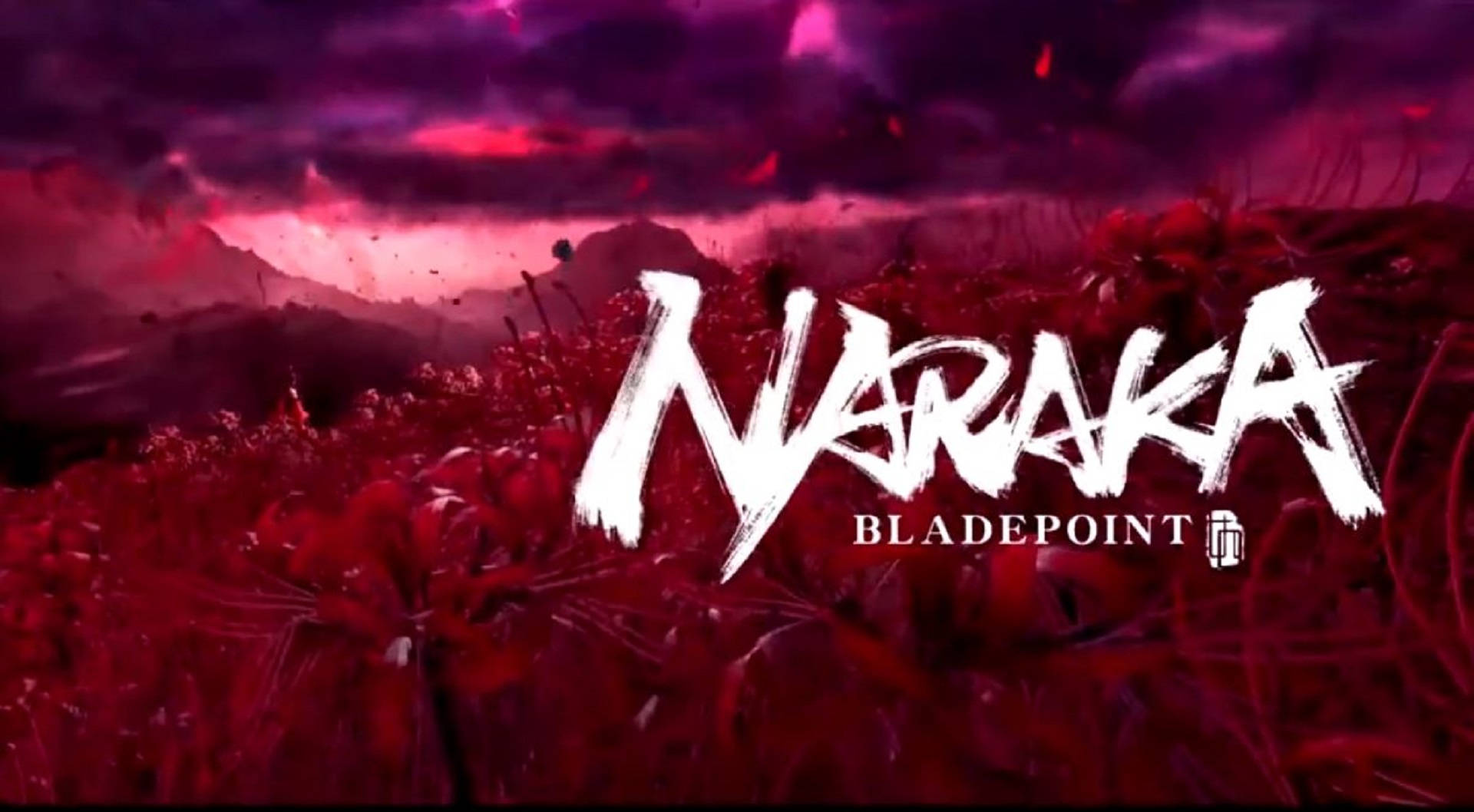 Naraka 桌布 壁紙 — 血紅色的田野，風暴般的紫色天空下，粗體白色標題「NARAKA BLADEPOINT」佔據中心位置。
