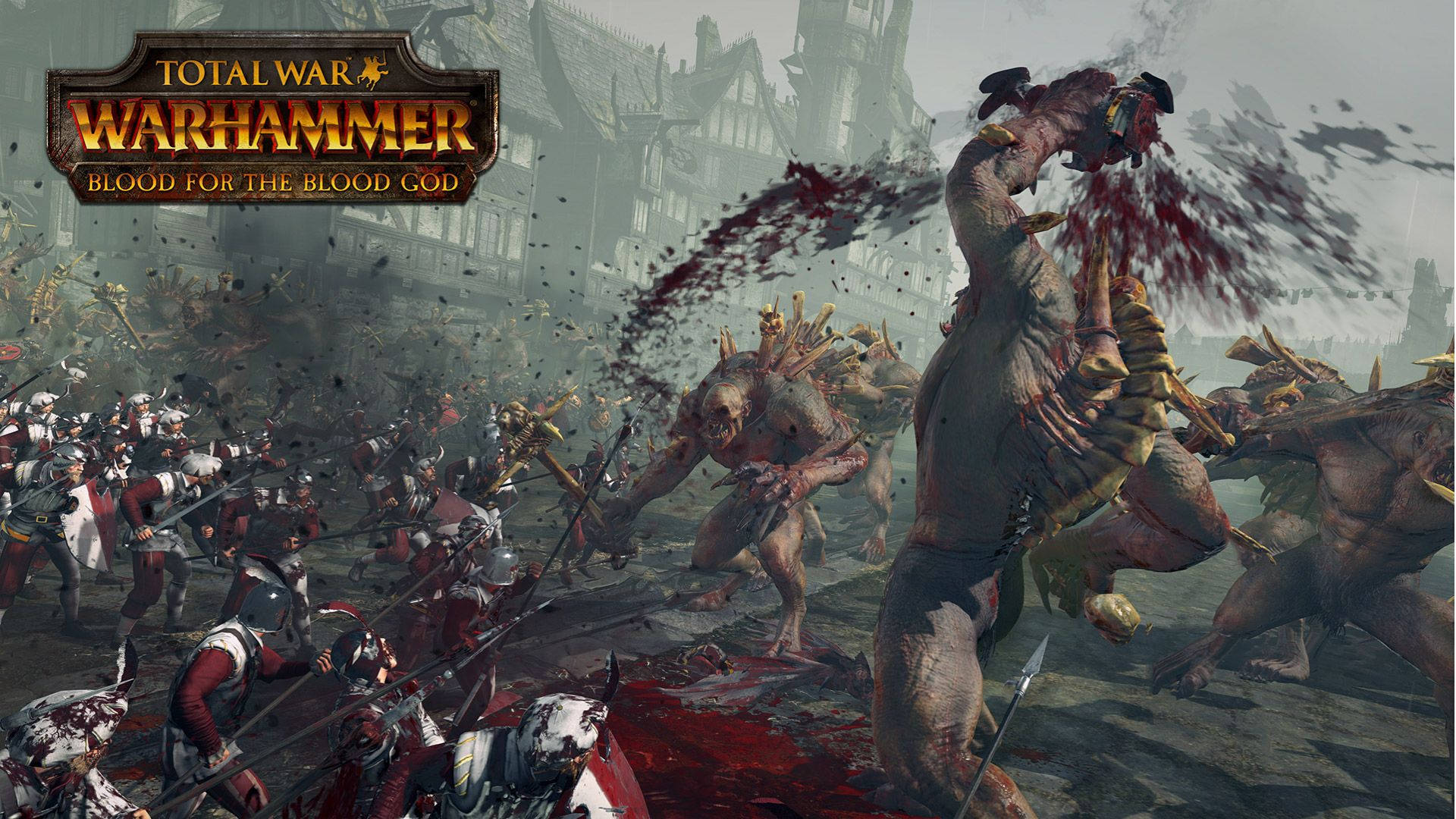 Total War 桌布 壁紙 — 血腥的奇幻戰士在混亂的中世紀戰場上衝突，鮮血四濺，怪物襲擊。
