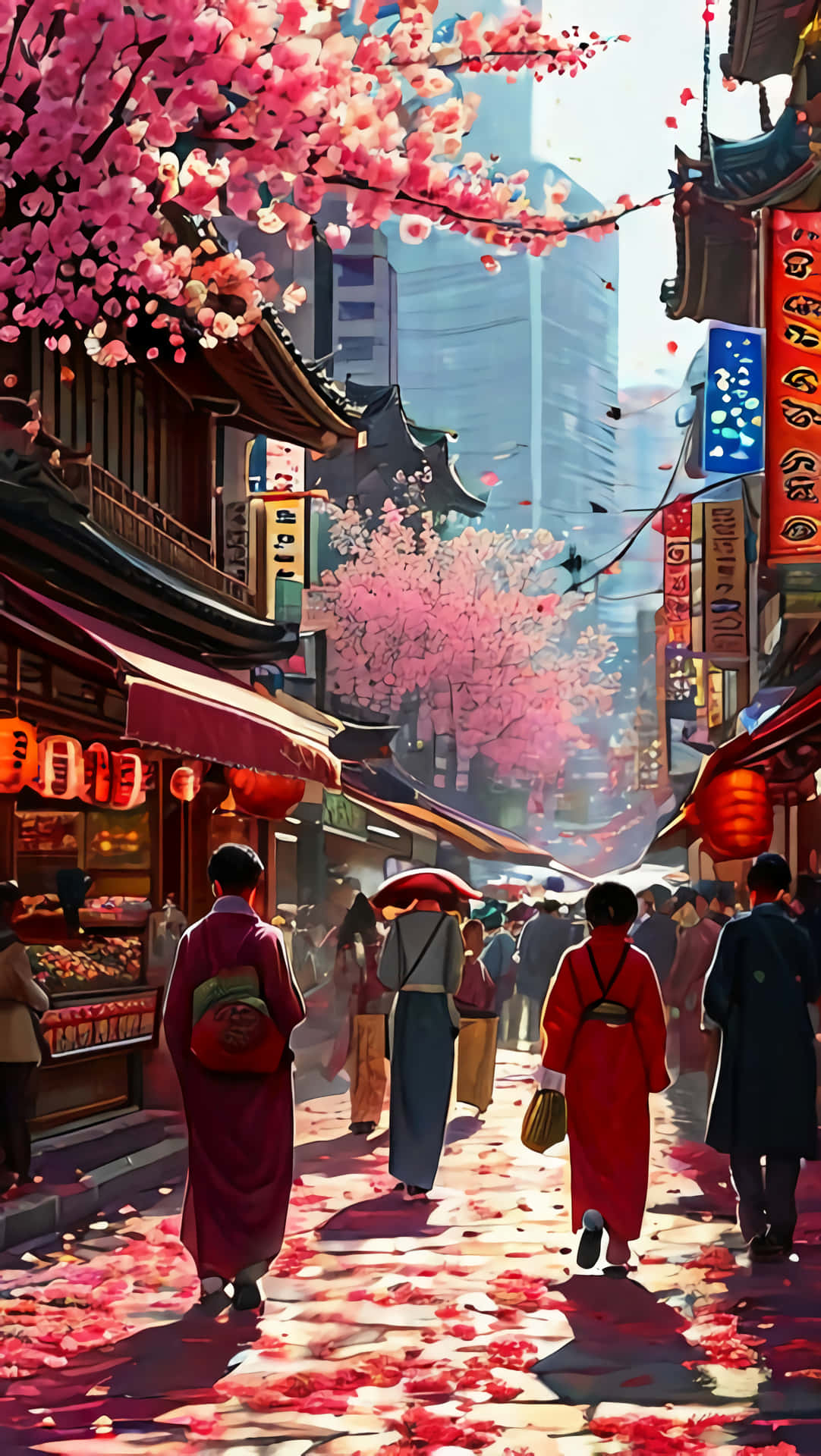Anime Street 壁紙 — 行人在掛滿燈籠和現代摩天大樓的熱鬧傳統日本街道上，在鮮豔粉紅櫻花下漫步。