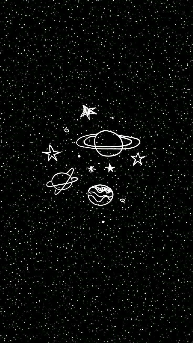 藝術 桌布 壁紙 — 行星和恆星的白色線條圖案漂浮在帶有斑點的黑色宇宙背景上。