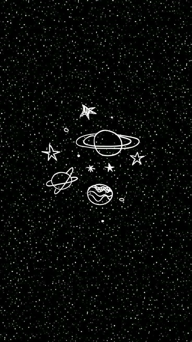 Cartoon Space 桌布 壁紙 — 行星和恆星的白色線條圖漂浮在黑色斑點太空背景上。