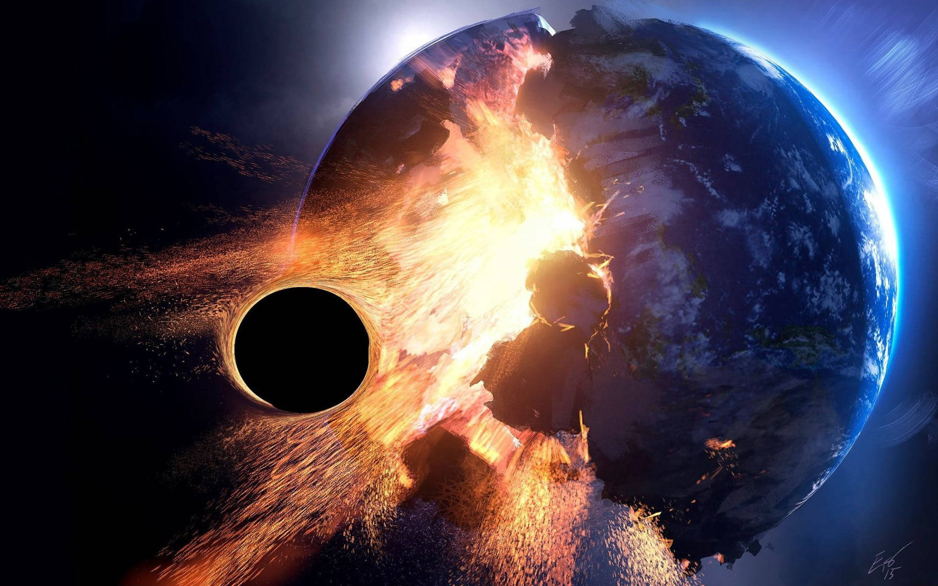 Black Planet 桌布 壁紙 — 行星在黑洞引力下碎裂，伴隨著熾熱的碎片和宇宙光芒。