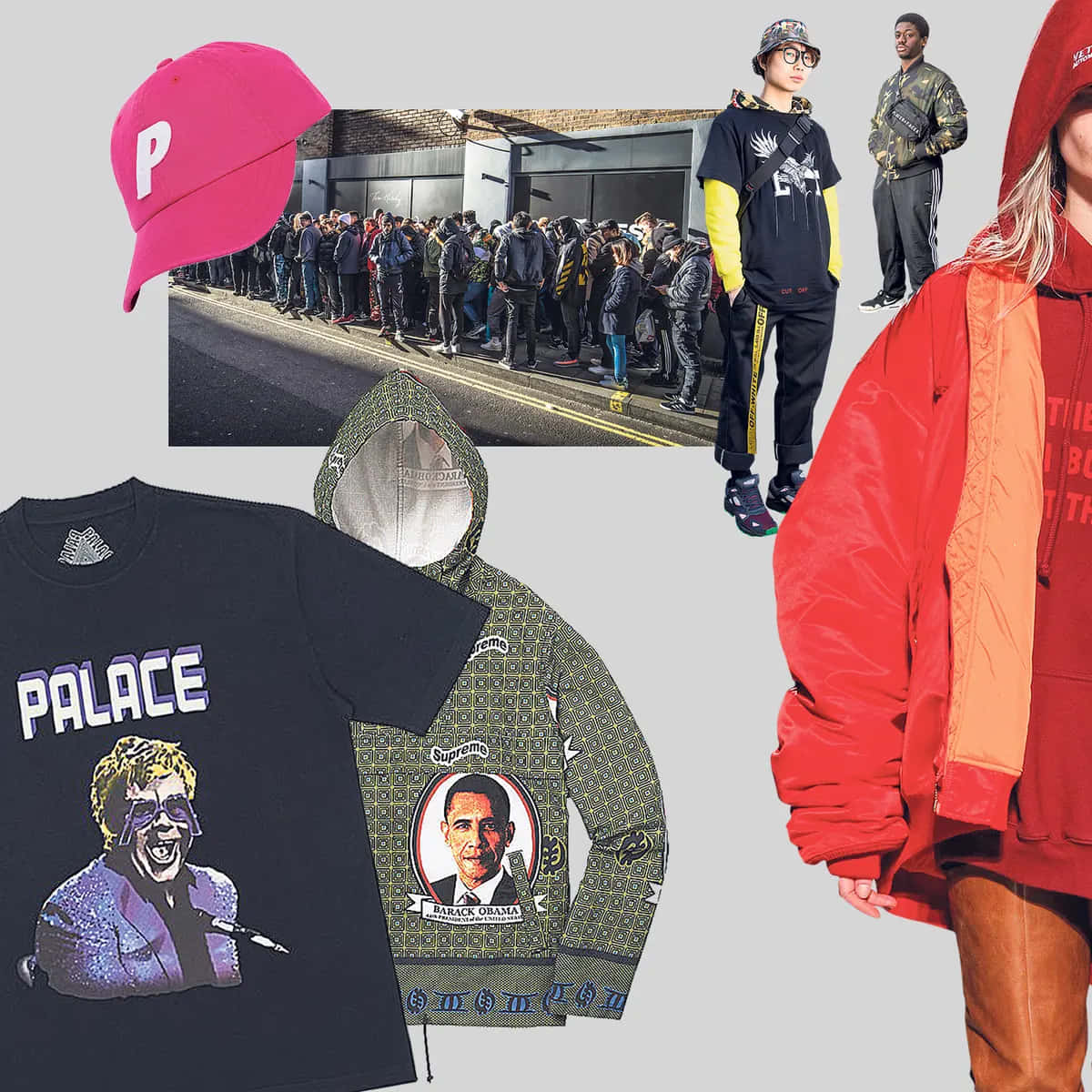 潮流玩家 桌布 壁紙 — 街頭時尚拼貼畫，展示品牌服飾和城市環境中的人們。