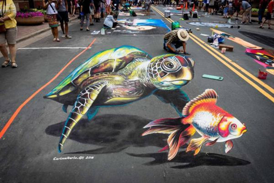 Minneapolis 桌布 壁紙 — 街頭繪製的海龜和金魚的鮮豔3D粉筆藝術，周圍有藝術家和觀眾。