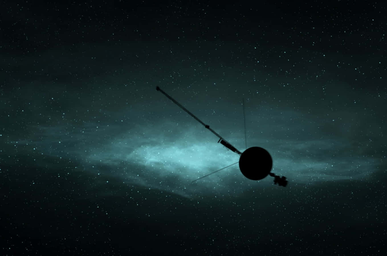 Voyager 桌布 壁紙 — 衛星剪影在黑暗宇宙背景下，飄過佈滿星星的藍綠色星雲。