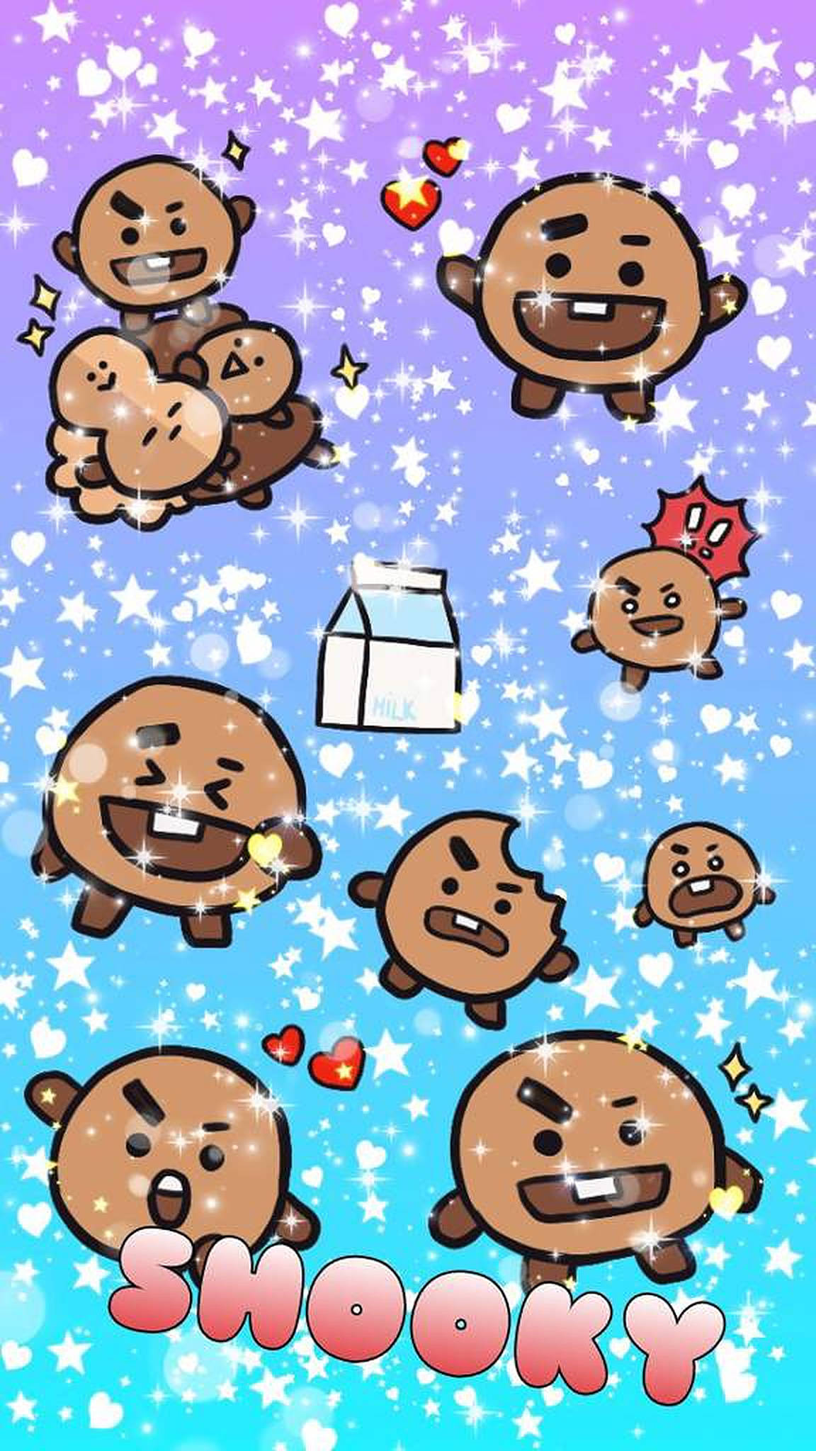 shooky bt21 桌布 壁紙 — 表情豐富的卡通餅乾角色在閃爍的星星、愛心和牛奶盒之間愉快地漂浮，背景是紫色到藍色的漸層天空。