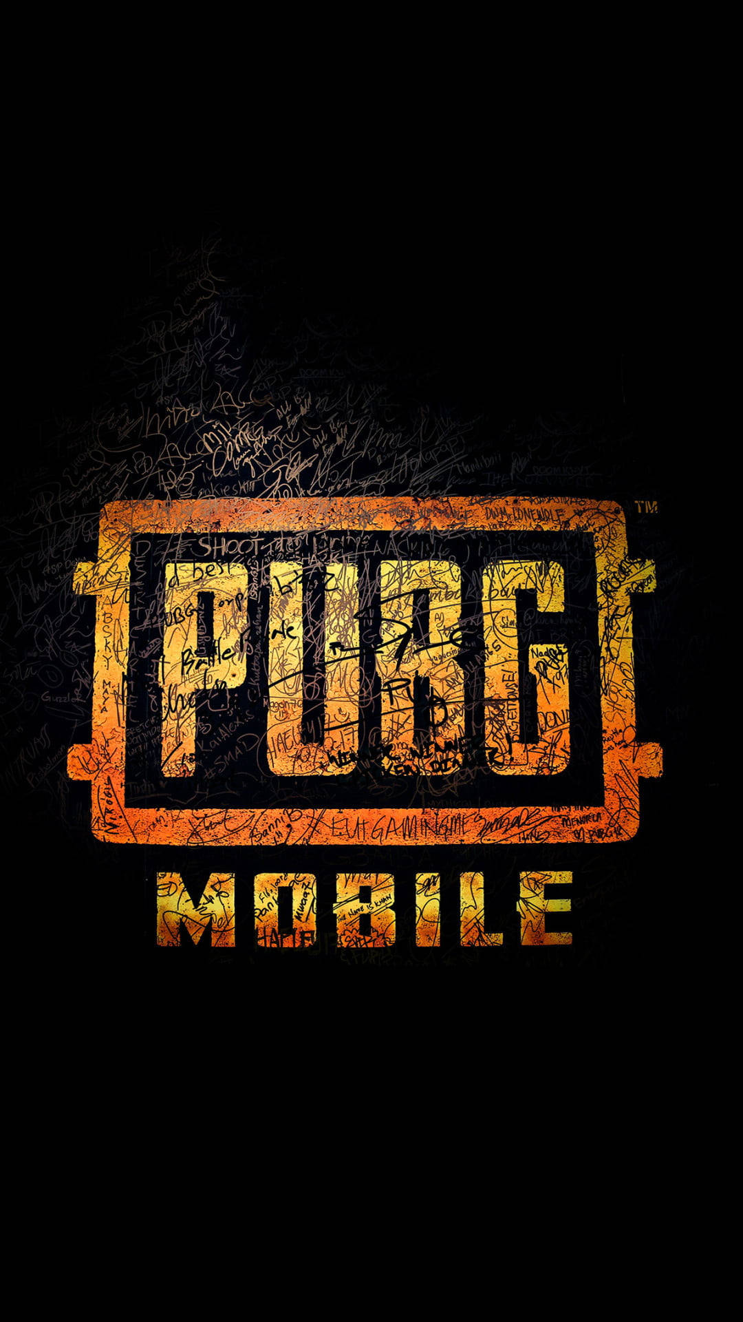 Pubg Logo 桌布 壁紙 — 被塗鴉覆蓋的PUBG MOBILE標誌在黑色背景上發出橙色光芒，帶有模糊的塗鴉痕跡。