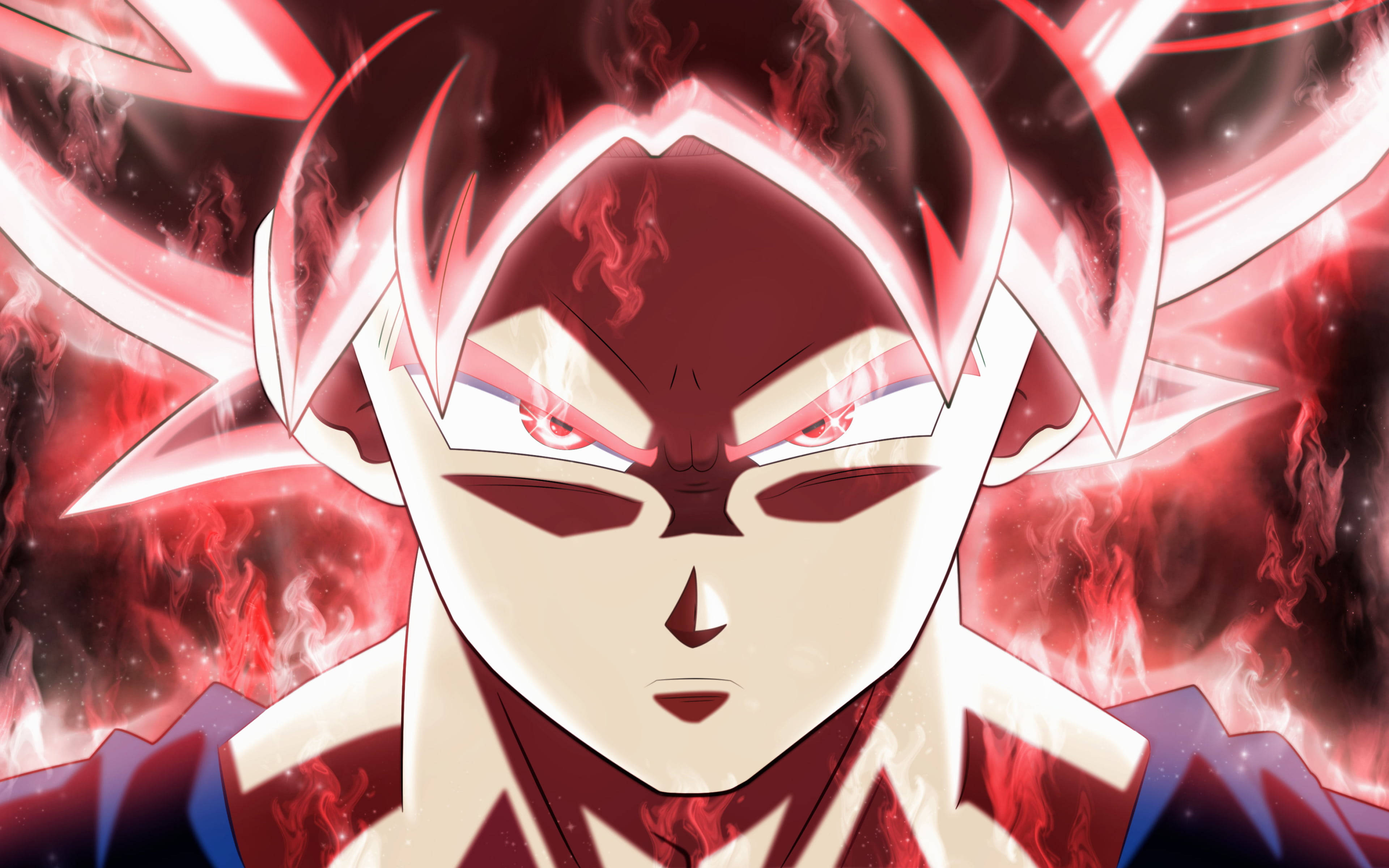 black goku rose 4K 桌布 壁紙 — 被旋轉能量包圍、散發紅色光芒和銳利眼神的動漫角色。