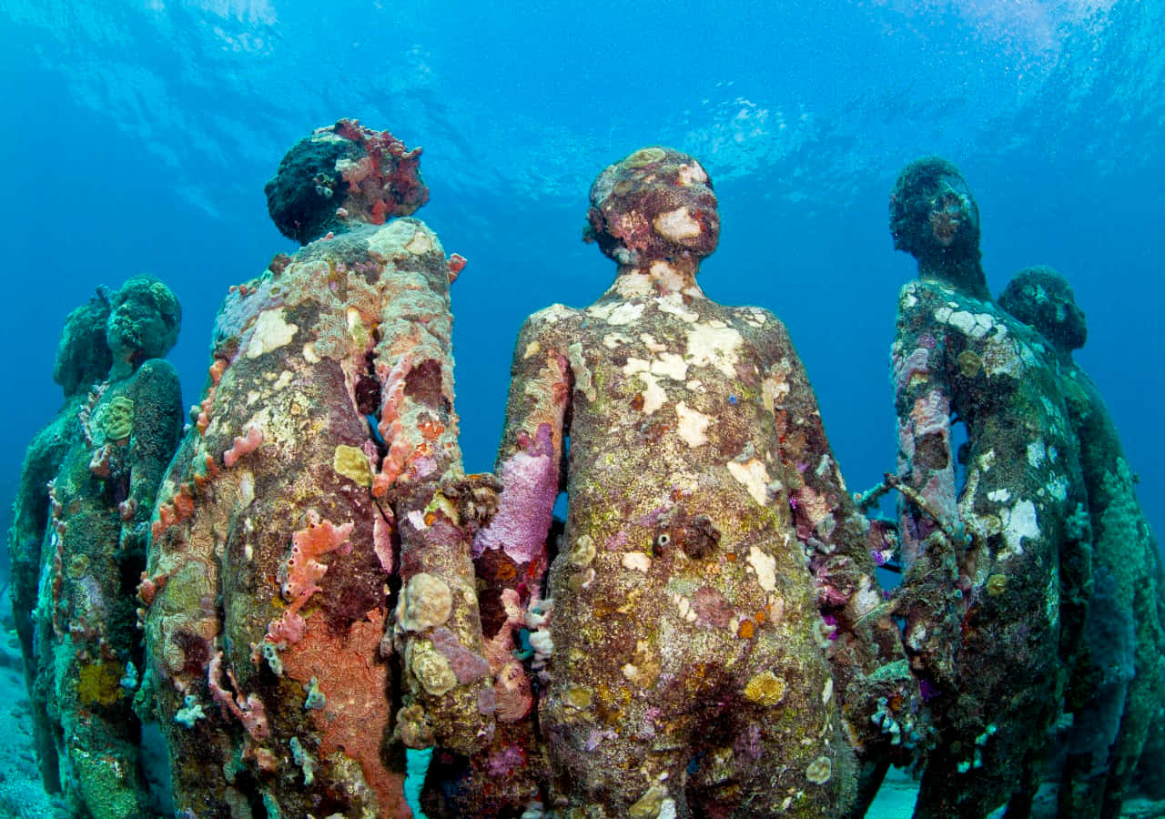Underwater Scary Ocean 桌布 壁紙 — 被色彩繽紛的珊瑚和海洋生物覆蓋的水下雕像在清澈的藍色海水中發光。