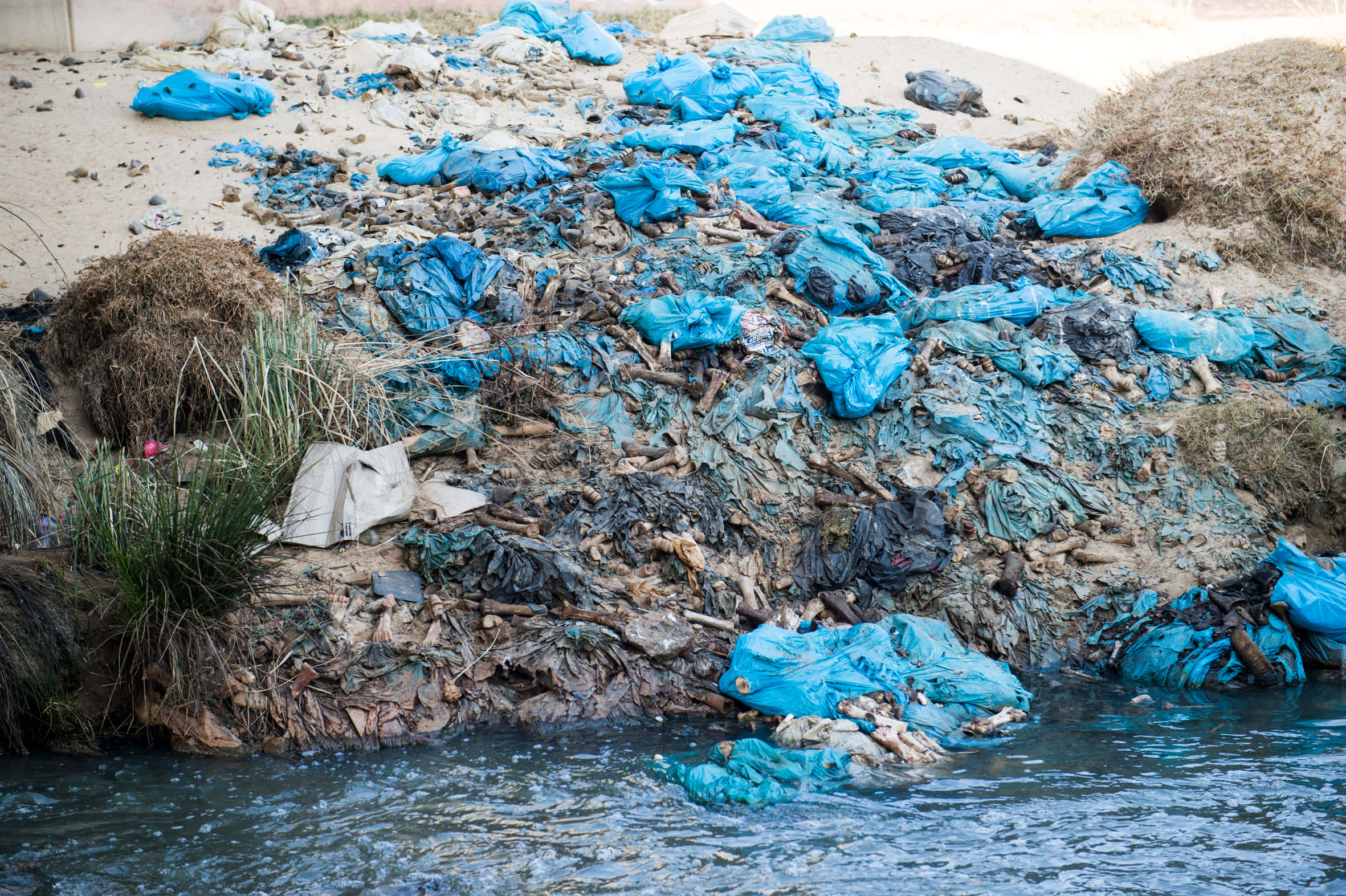 Pollution 桌布 壁紙 — 被藍色塑膠袋和垃圾覆蓋的受污染河岸，附近有水流動。