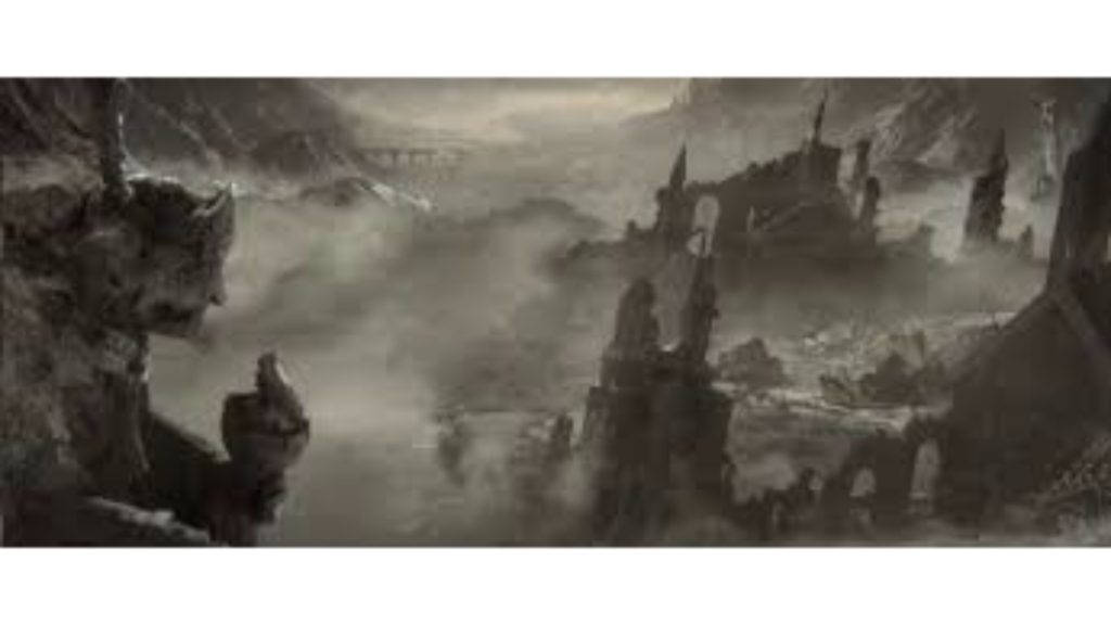 dark souls 4K 桌布 壁紙 — 被遺忘城堡的迷霧廢墟從霧氣籠罩的山谷中升起，天空陰沉。