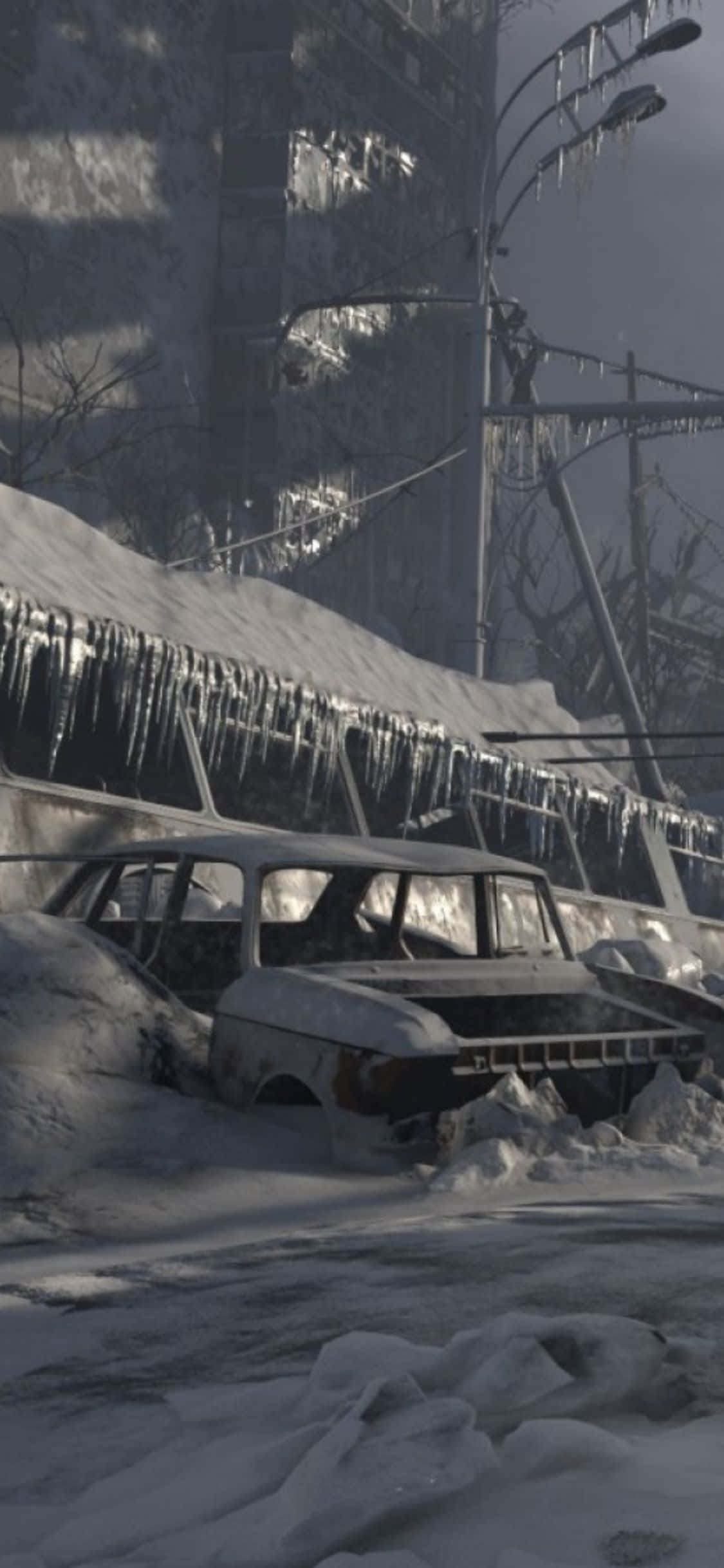 iPhone X Metro Exodus 桌布 壁紙 — 被遺棄的汽車埋在雪中，冰柱懸掛在路燈上，形成冰凍的城市荒原。