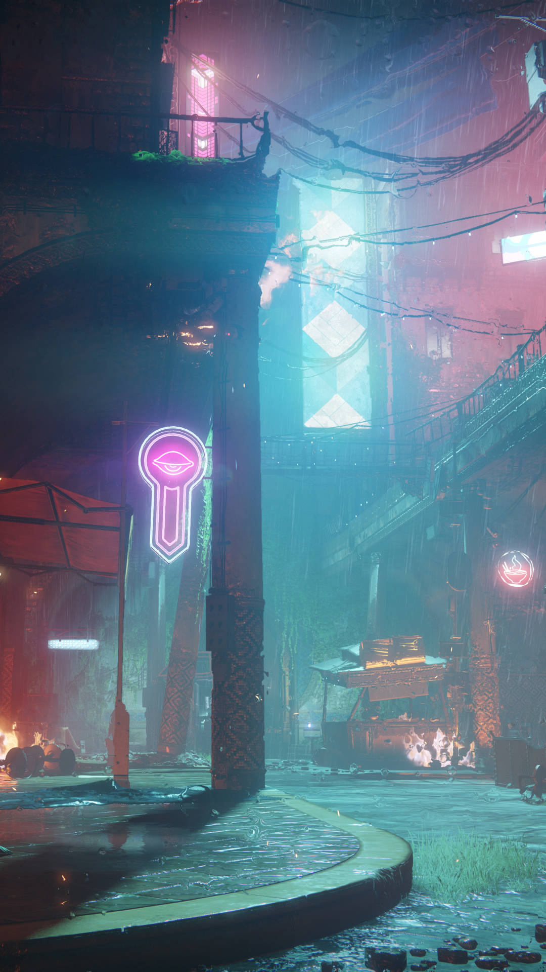 games 桌布 壁紙 — 被雨水浸透的賽博龐克小巷在霧濛濛的夜空下閃爍著霓虹燈牌和懸掛的電線。
