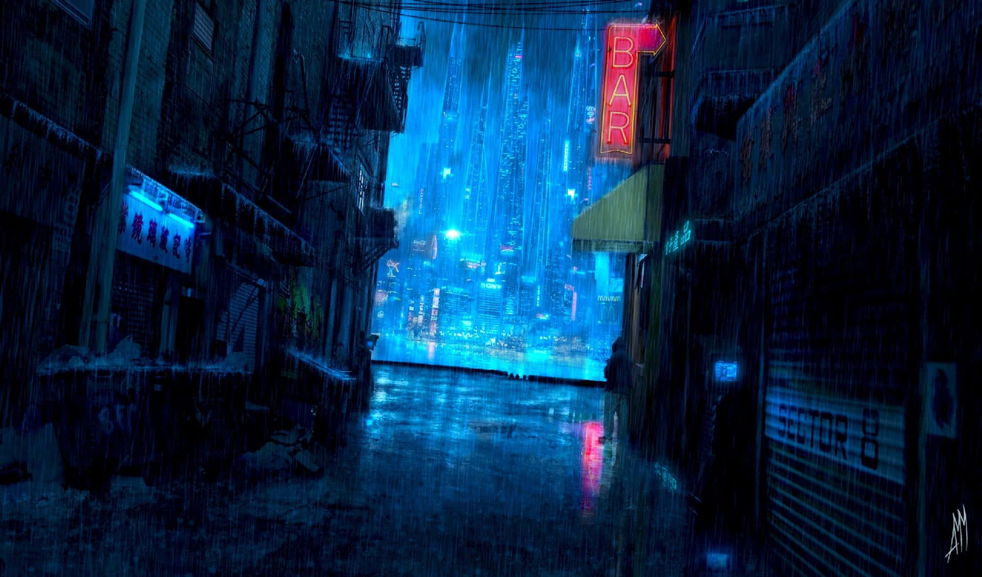 桌布 壁紙 — 被雨水浸透的霓虹小巷通向一座高聳的賽博龐克城市景觀，閃爍著電藍色和紅色的光芒。