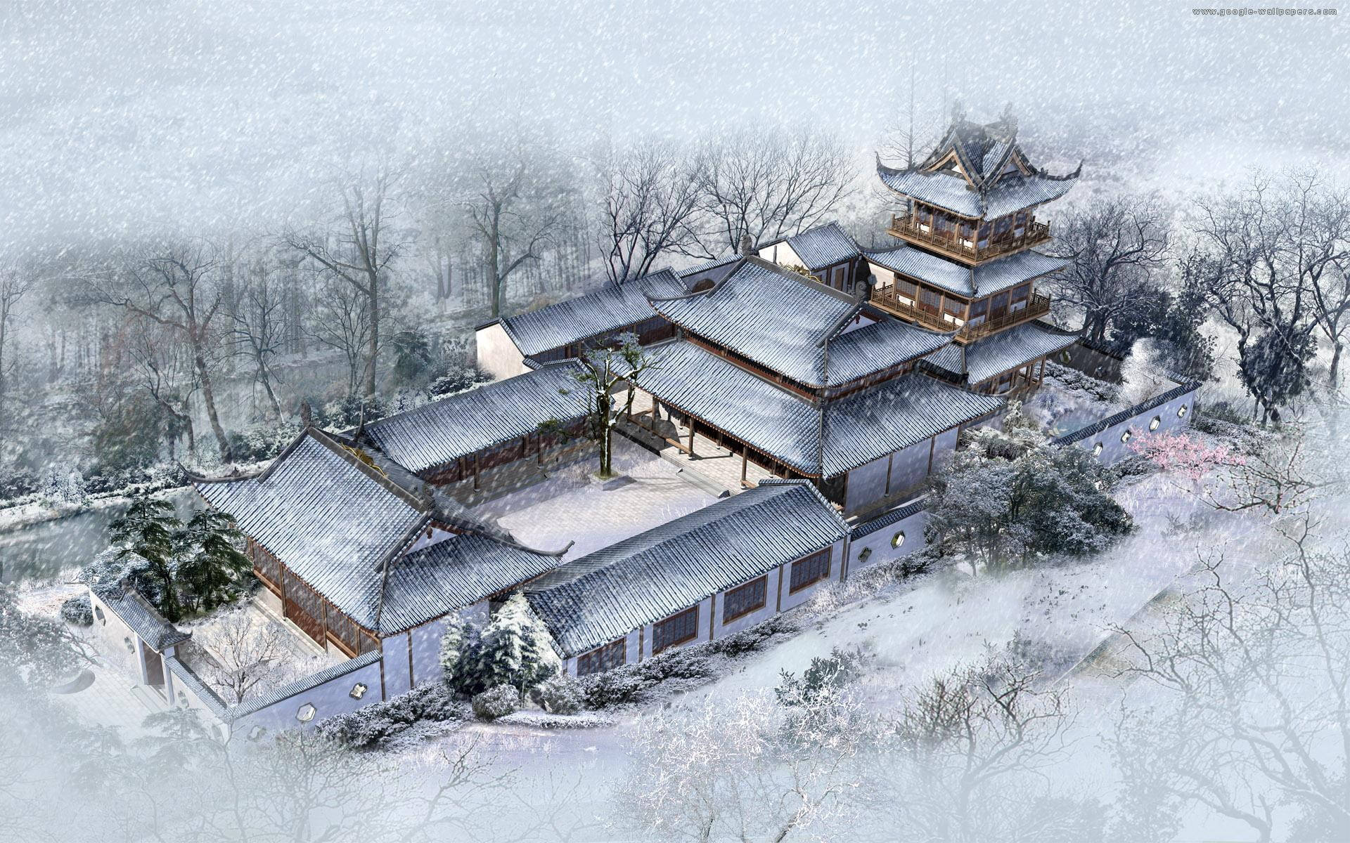 中式房屋壁紙 桌布 壁紙 — 被雪覆蓋的傳統中國寺廟建築群，有光禿的樹木和霧濛濛的冬季氛圍。
