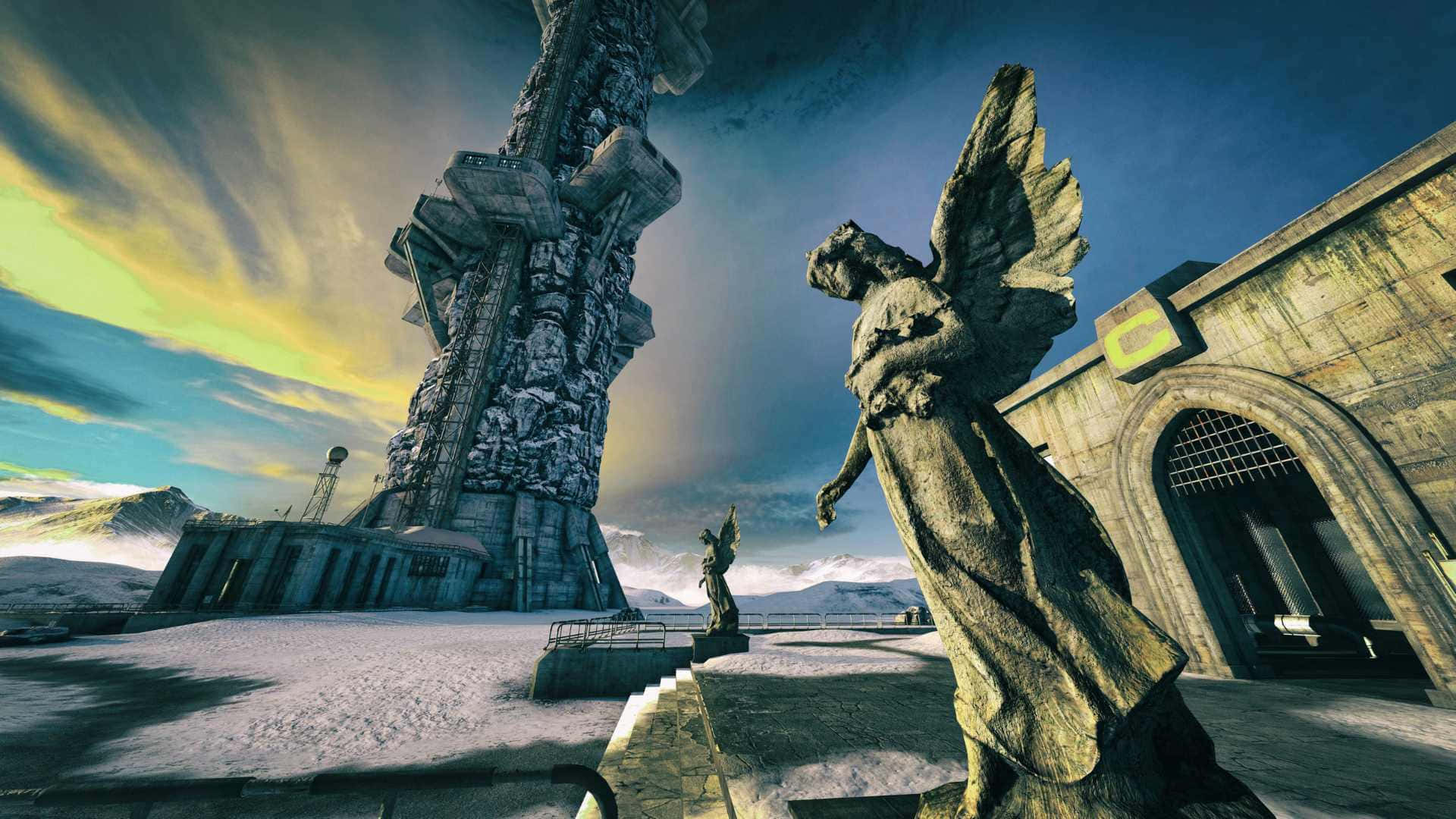 statue 桌布 壁紙 — 被雪覆蓋的廢墟，有石天使雕像和一座高聳的巨石，在戲劇性的暮色天空下。