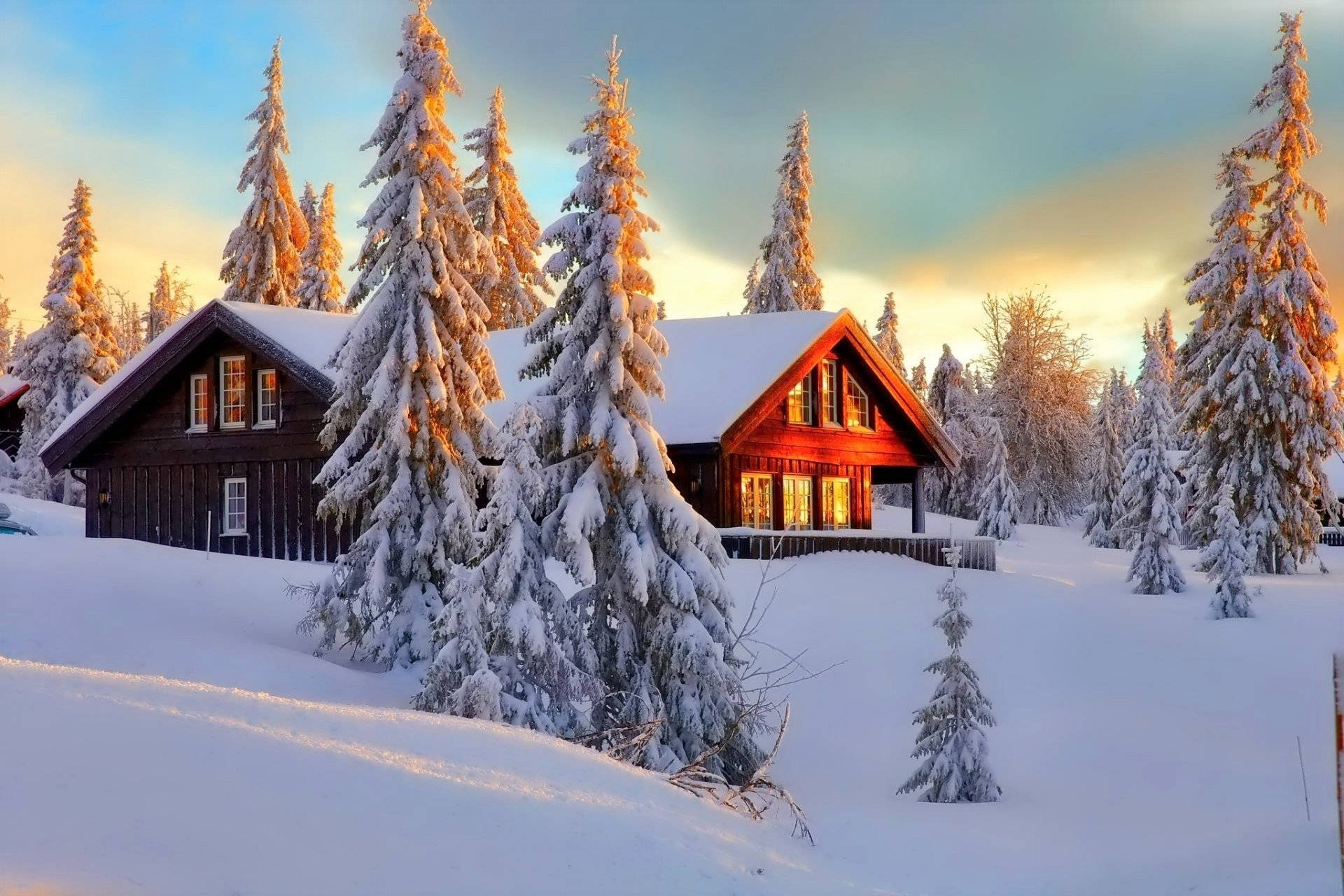 Winter House 桌布 壁紙 — 被雪覆蓋的木屋在金色夕陽天空下溫暖地發光，周圍是結霜的松樹。
