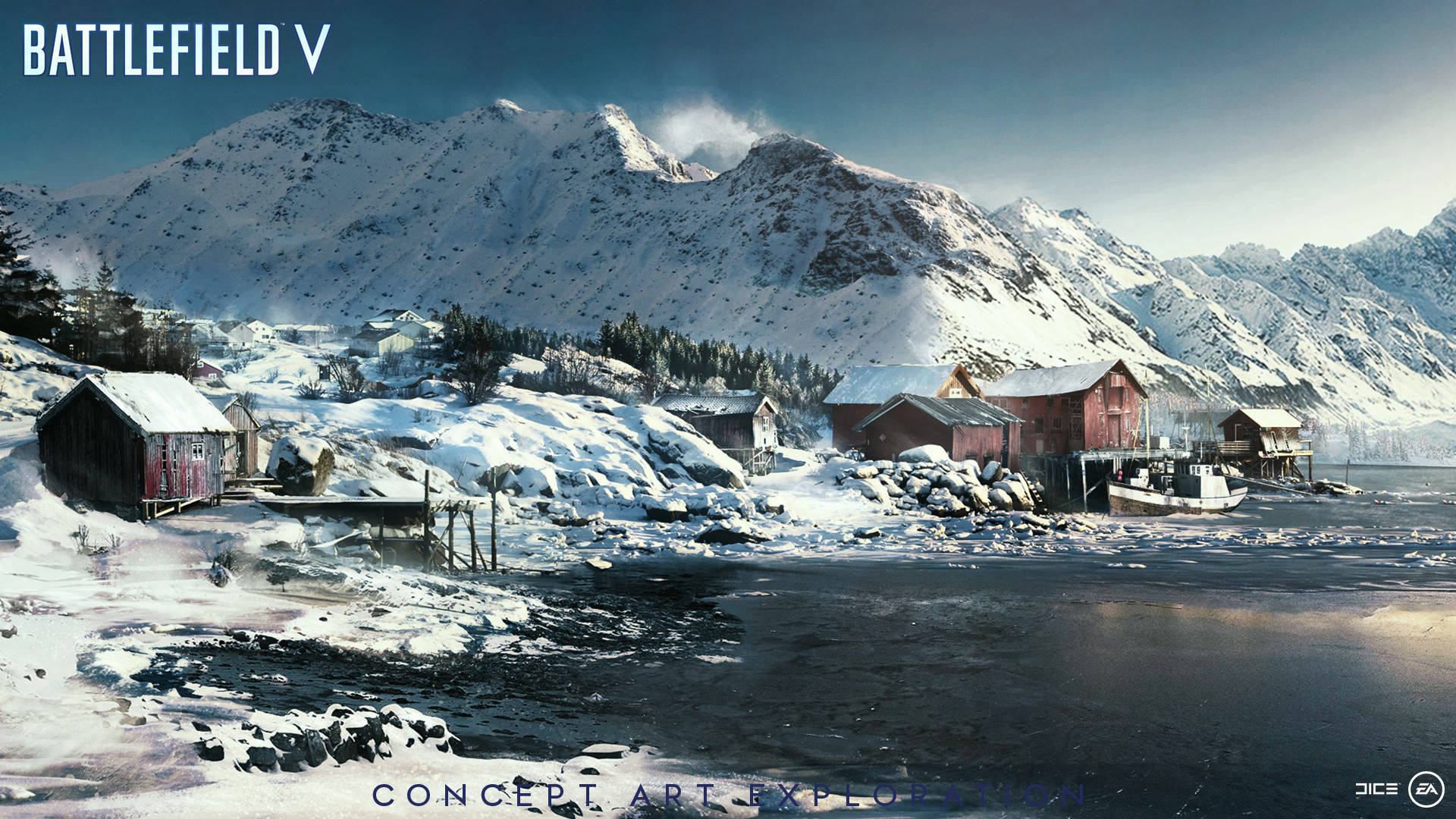 Battlefield 5 桌布 壁紙 — 被雪覆蓋的木屋沿著冰封的峽灣排列，高聳的山峰在清澈的藍天下。