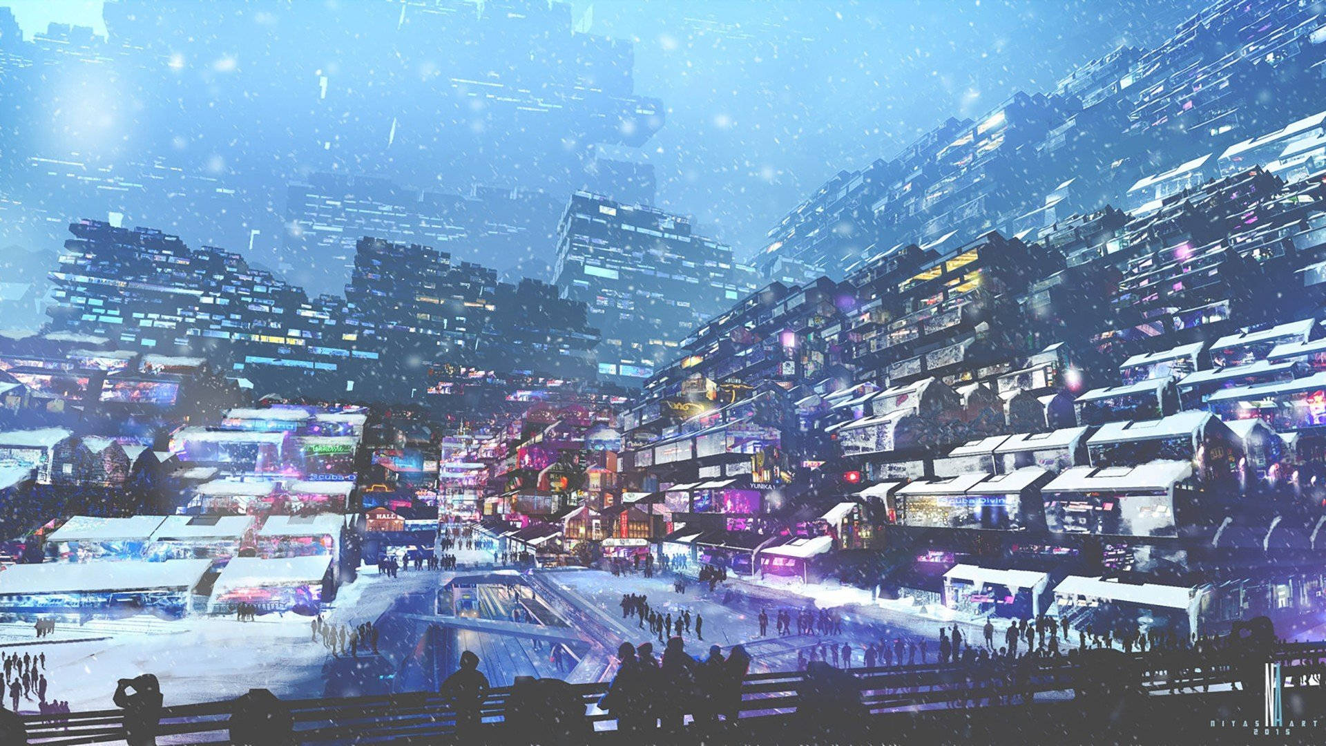 日本 桌布 壁紙 — 被雪覆蓋的未來城市景觀，發光的霓虹燈在冰面上反射，下方是剪影人群。
