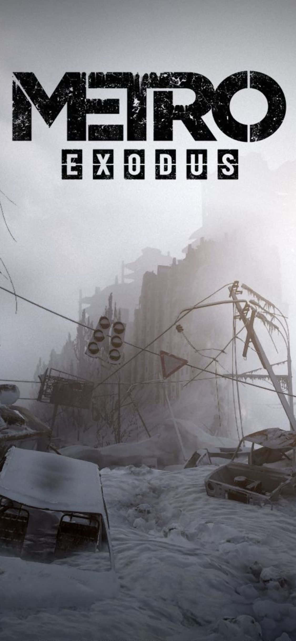 iPhone X Metro Exodus 桌布 壁紙 — 被雪覆蓋的末日後城市景觀，有毀壞的車輛和破損的交通標誌，天空灰暗。