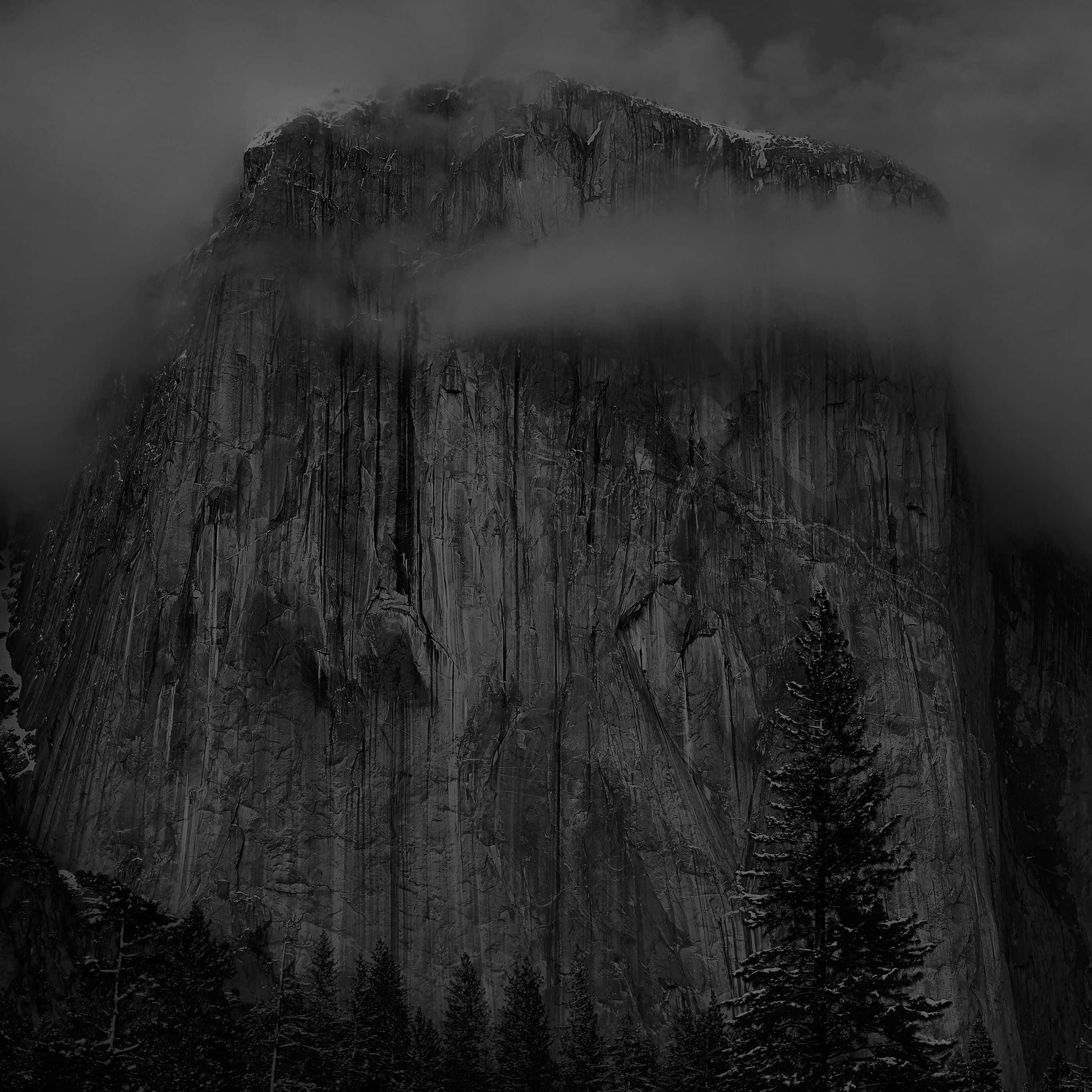 山景 桌布 壁紙 — 被霧氣籠罩的單色山峰，帶有積雪的山脊和底部深色的松樹。