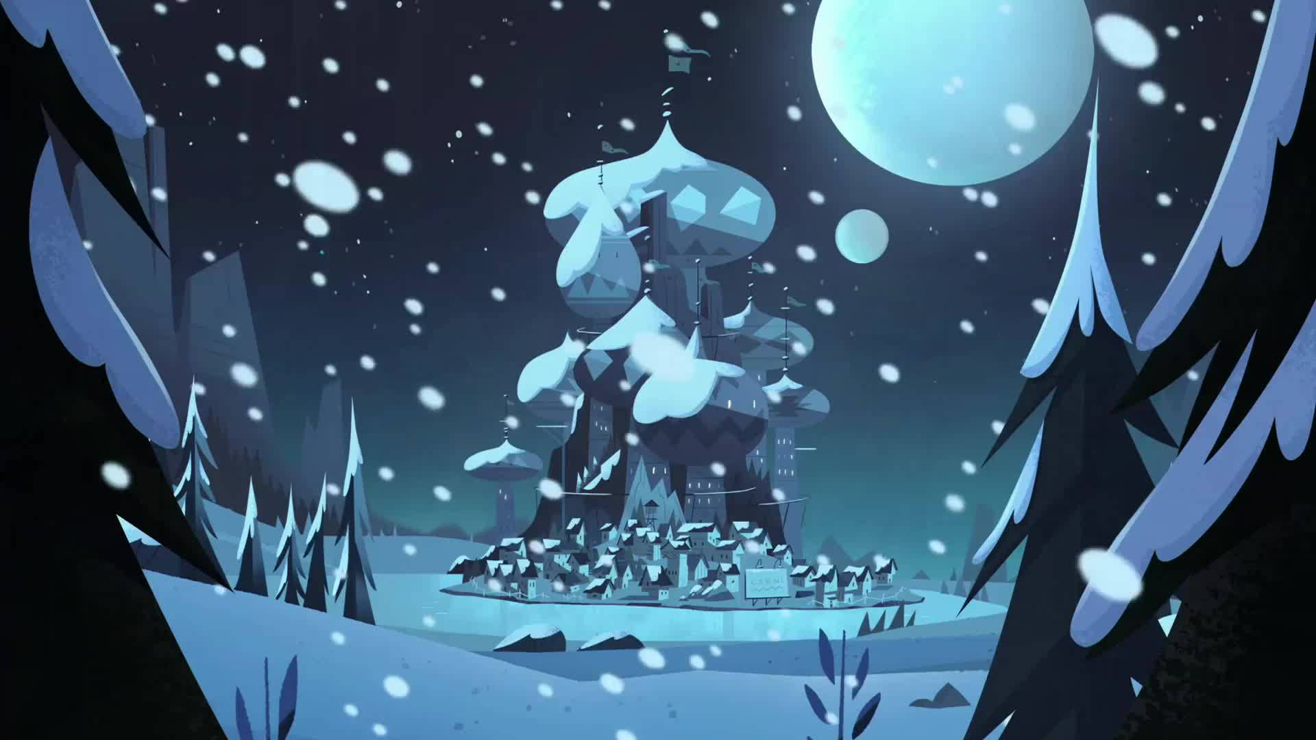 evil 桌布 壁紙 — 被黑暗松樹環繞的雪覆蓋城堡，在冬夜場景中，月亮發出光芒。