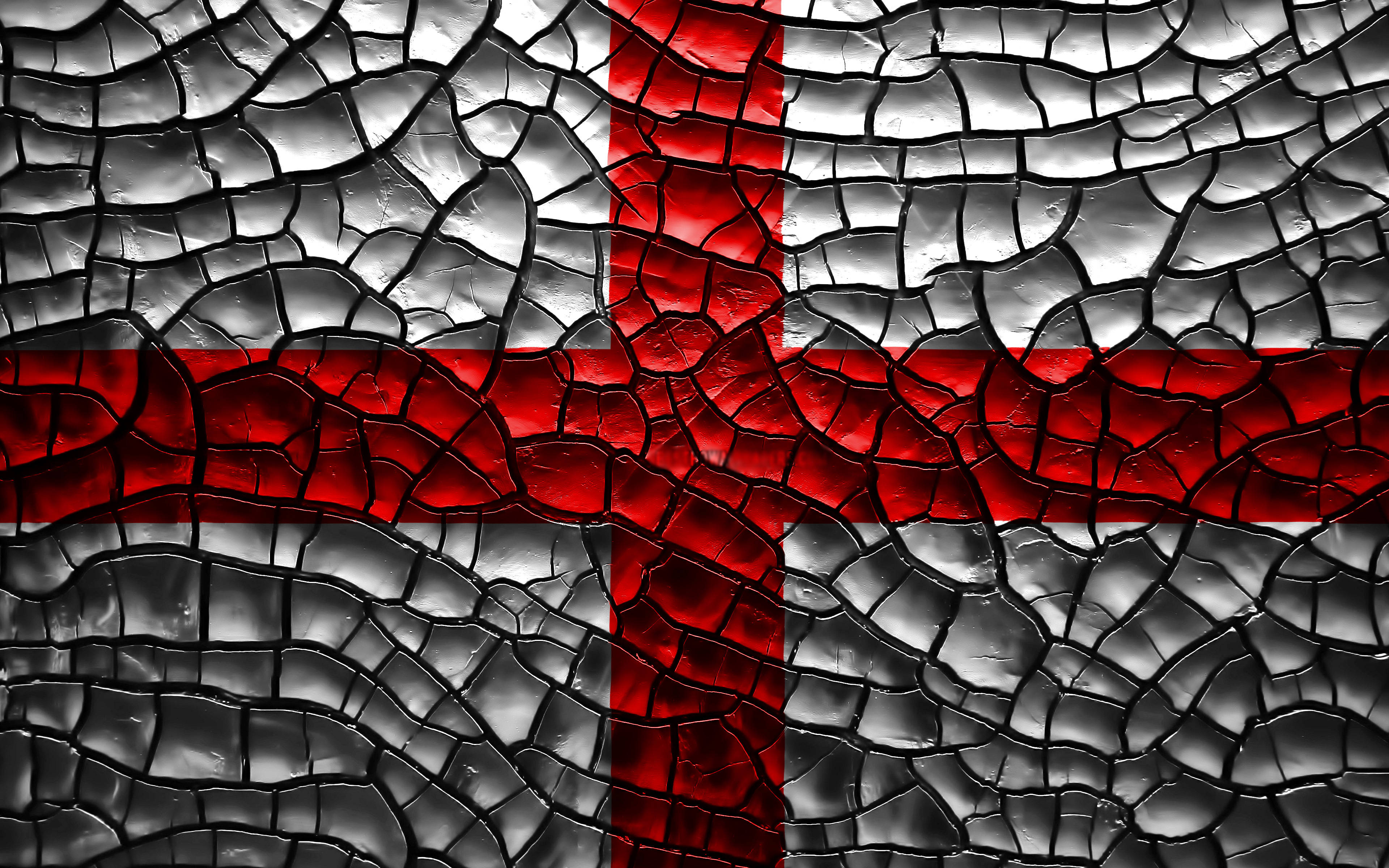 England Flag 桌布 壁紙 — 裂紋玻璃紋理覆蓋在黑白背景上的英格蘭旗幟紅色十字上。