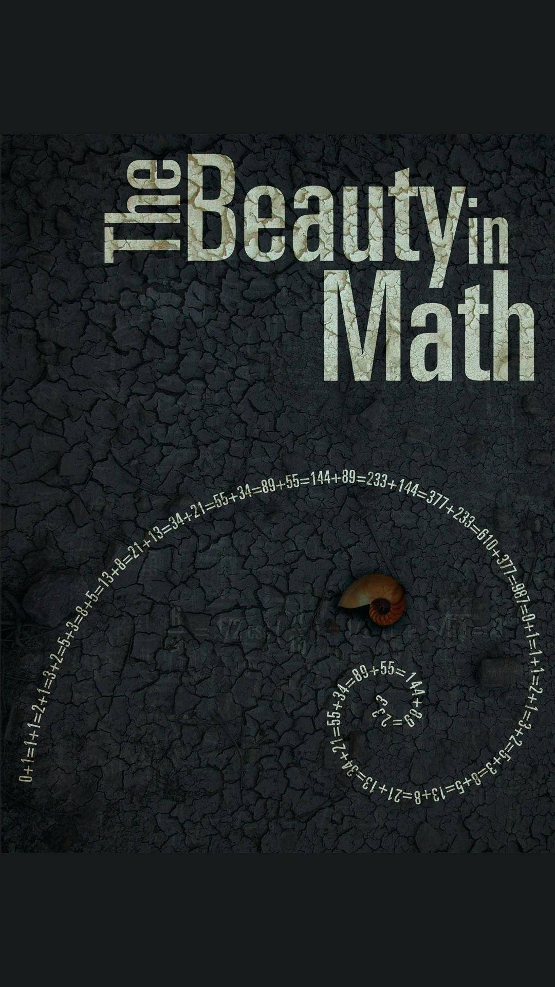 數學 桌布 壁紙 — 裂開的地面背景，上面有文字 The Beauty in Math 和圍繞貝殼的方程式螺旋。