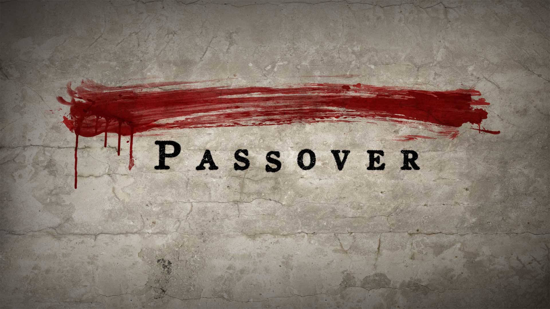 Passover 桌布 壁紙 — 裂開的混凝土牆上，粗體黑色字母「PASSOVER」被一道帶有滴落效果的厚紅色油漆筆觸劃過。