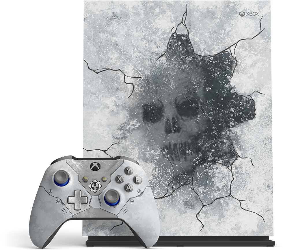 Xbox 桌布 壁紙 — 裂開的混凝土牆露出下面的頭骨，旁邊是一個帶有藍色裝飾的舊Xbox手把。