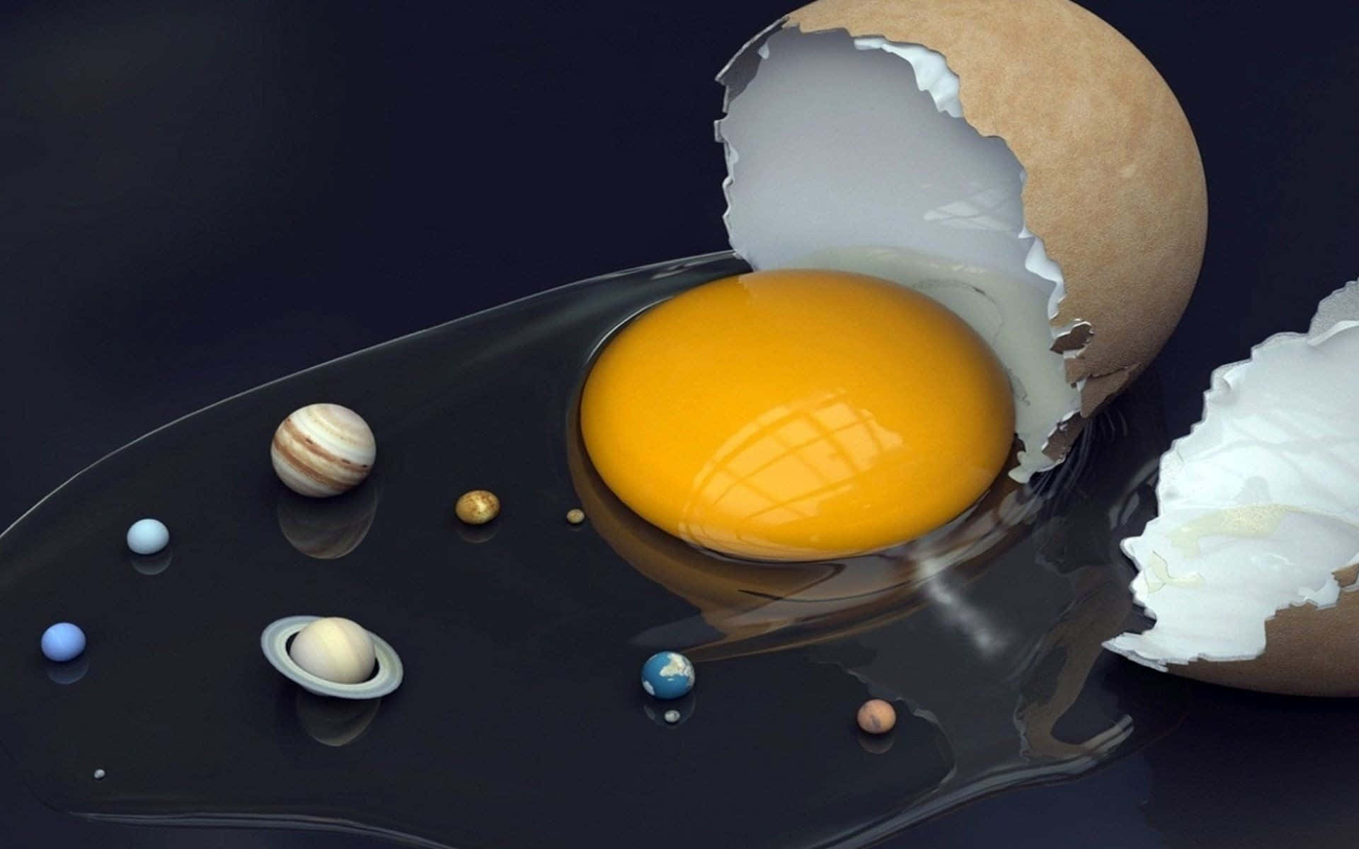 Eggs 桌布 壁紙 — 裂開的雞蛋露出金色蛋黃，周圍環繞著微型行星，位於光滑的黑色表面上。