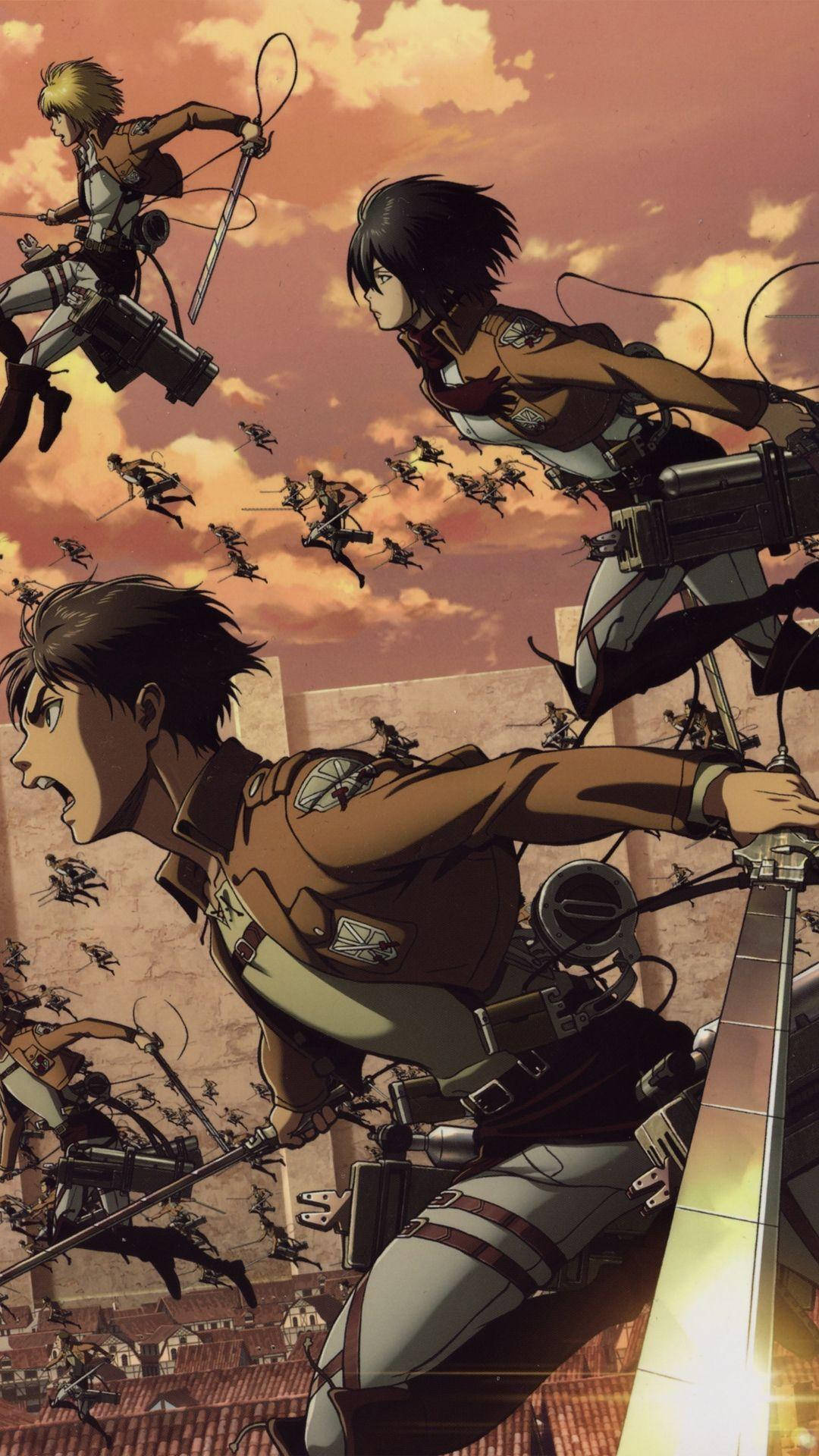 Attack On Titan iPhone 桌布 壁紙 — 裝備齊全的動漫戰士在夕陽天空中翱翔，在城市景觀上空與巨型昆蟲戰鬥。
