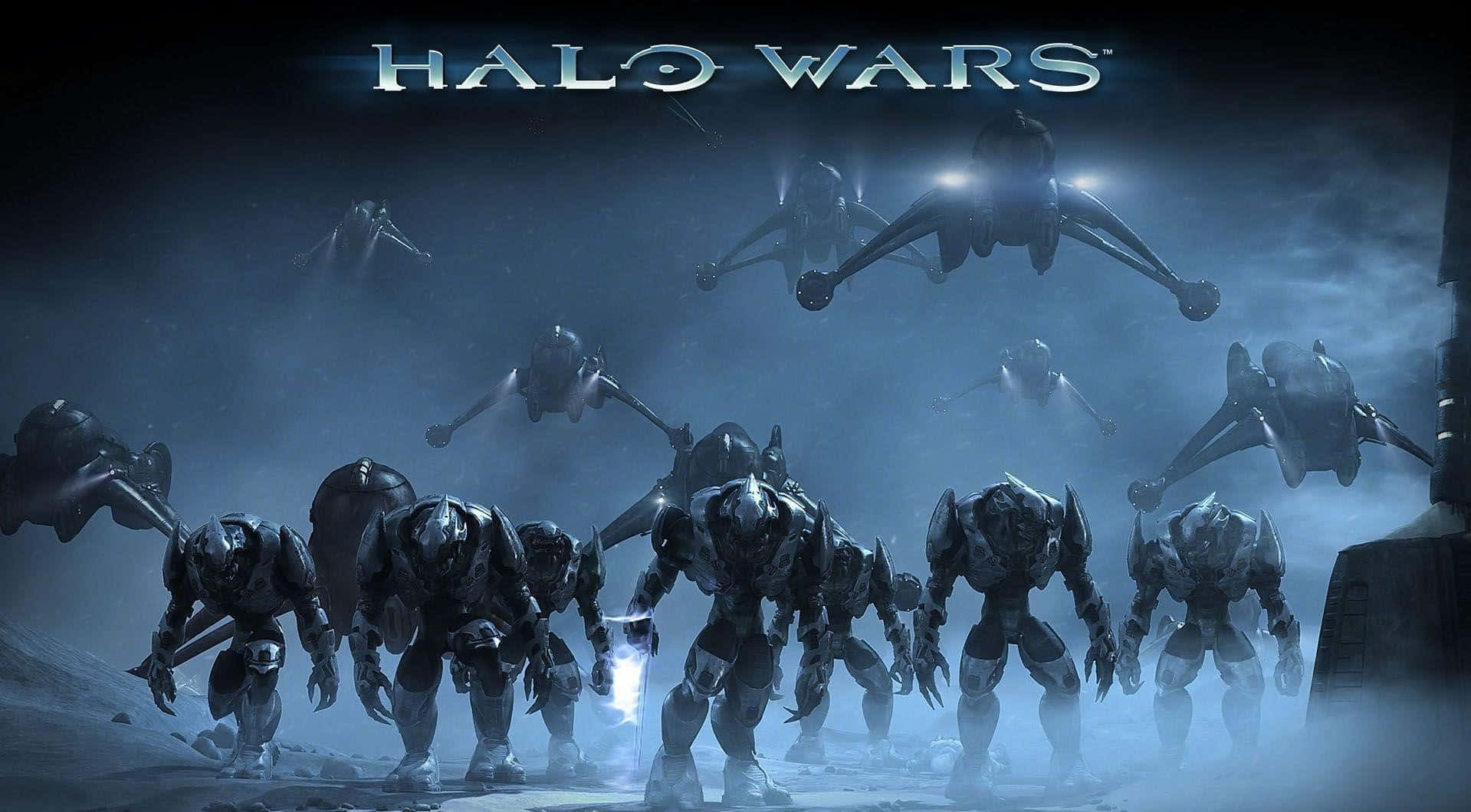 Xbox Games 桌布 壁紙 — 裝甲士兵在迷霧戰場上前進，未來飛機在頭頂盤旋，下方有發光標題。