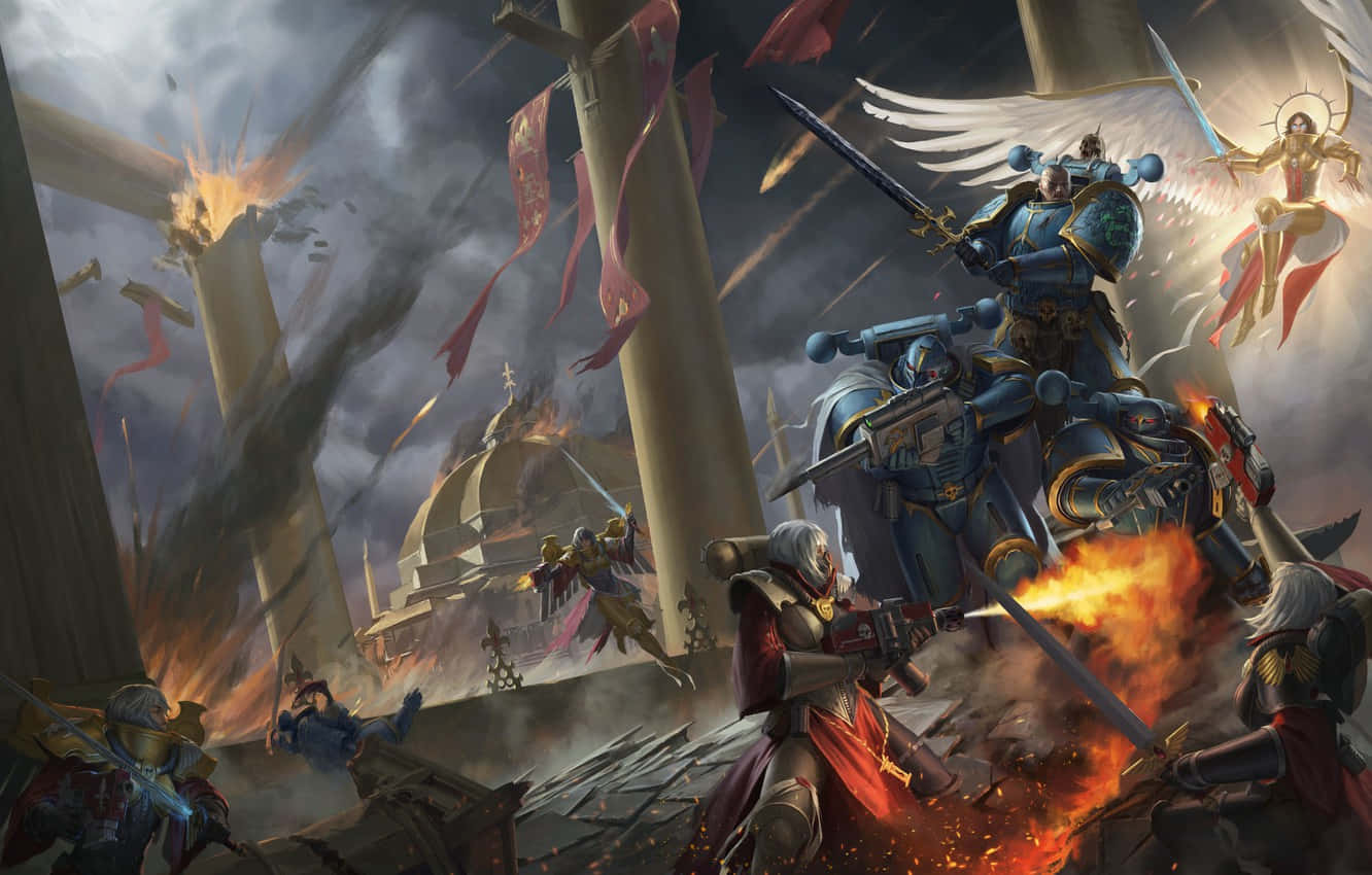 Warrior 桌布 壁紙 — 裝甲戰士在風暴天空下，於 crumbling pillars 和 falling banners 中激烈交戰。