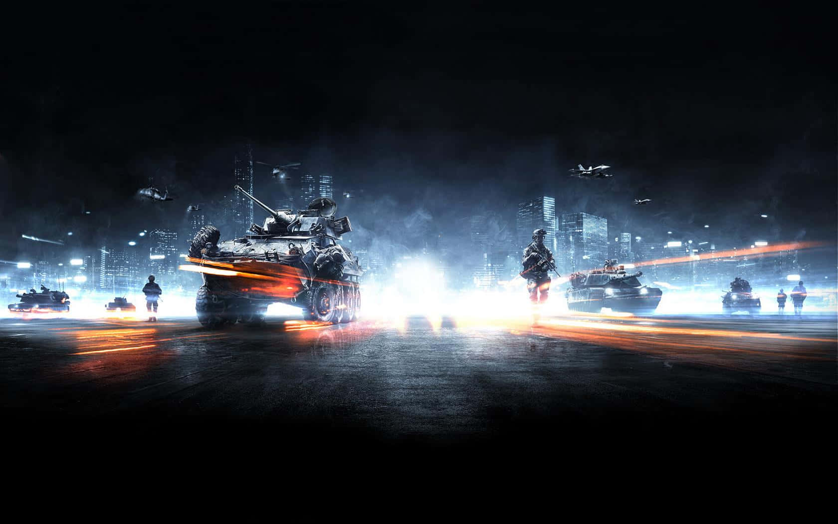 Battlefield 3 桌布 壁紙 — 裝甲車輛和士兵在夜間穿過霓虹燈照亮的城市戰場，伴隨著發光的武器火焰和煙霧。