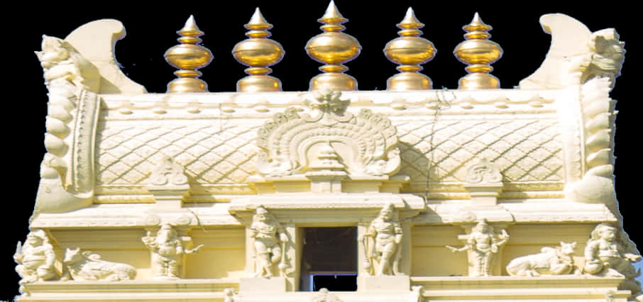 Hindu Temple 桌布 壁紙 — 裝飾性的奶油色寺廟外牆，帶有金色圓頂和神靈及神話生物的複雜雕刻。