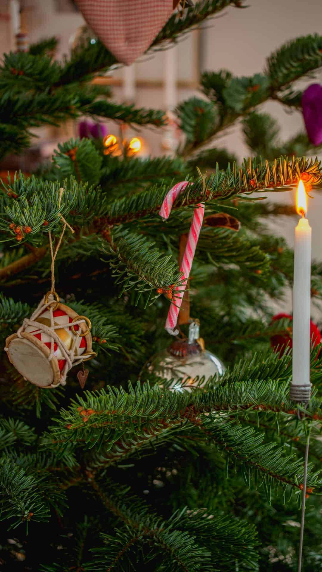 Christmas Tree iPhone 桌布 壁紙 — 裝飾聖誕樹的特寫，帶有燃燒的蠟燭、拐杖糖和鼓形裝飾品，溫暖地發光。