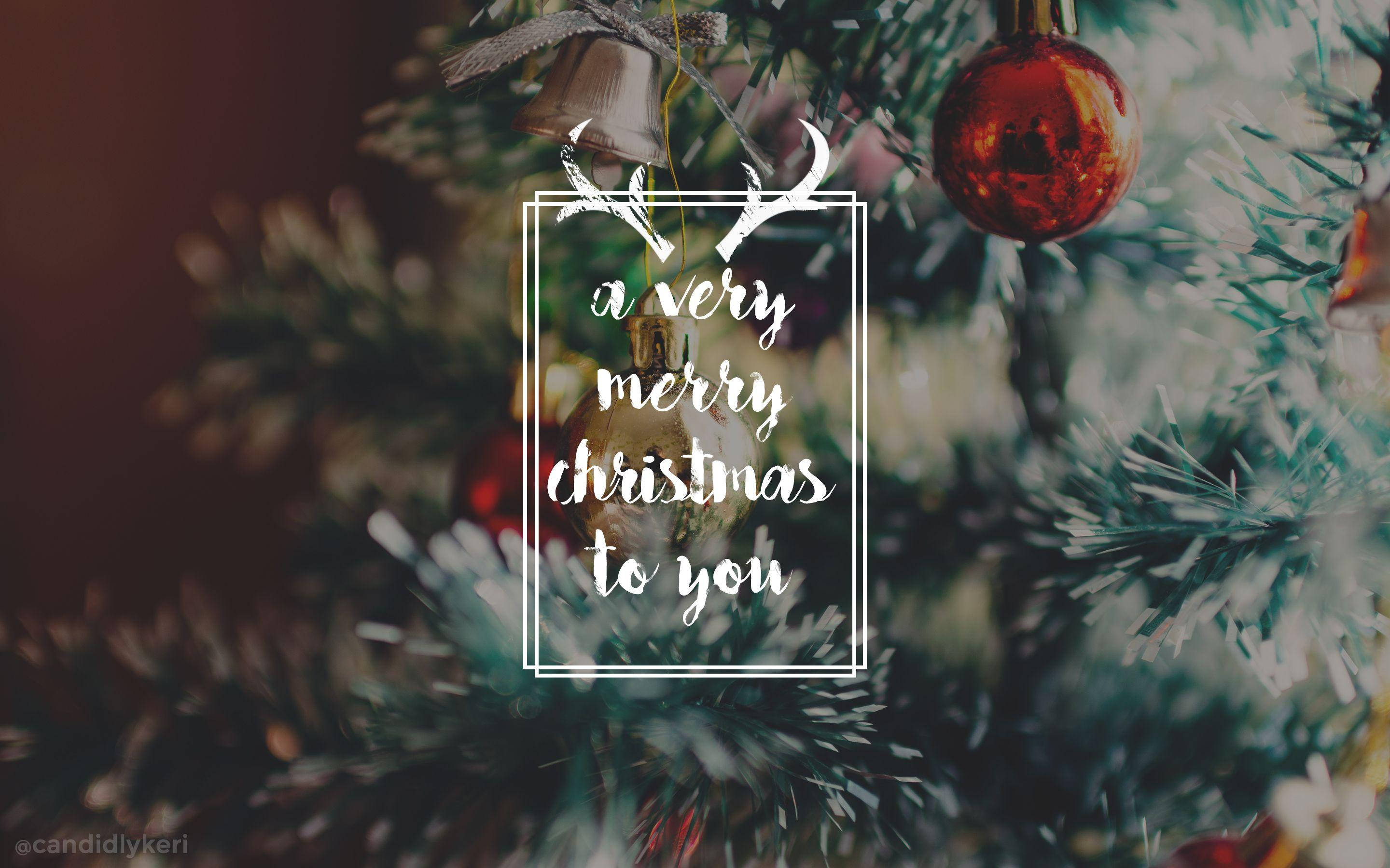 christmas laptop 桌布 壁紙 — 裝飾著紅色飾物的聖誕樹特寫，以及寫有 'a very merry christmas to you' 的節日文字覆蓋層。