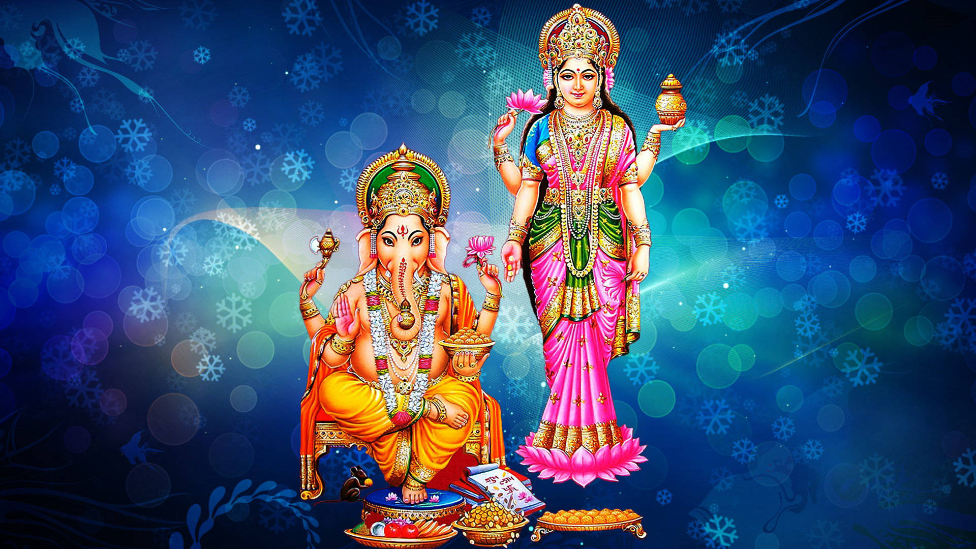 Lakshmi 桌布 壁紙 — 裝飾著鮮豔珠寶和色彩繽紛服飾的象頭神甘尼許和吉祥天女拉克什米，站在帶有雪花圖案的發光藍色散景背景前。