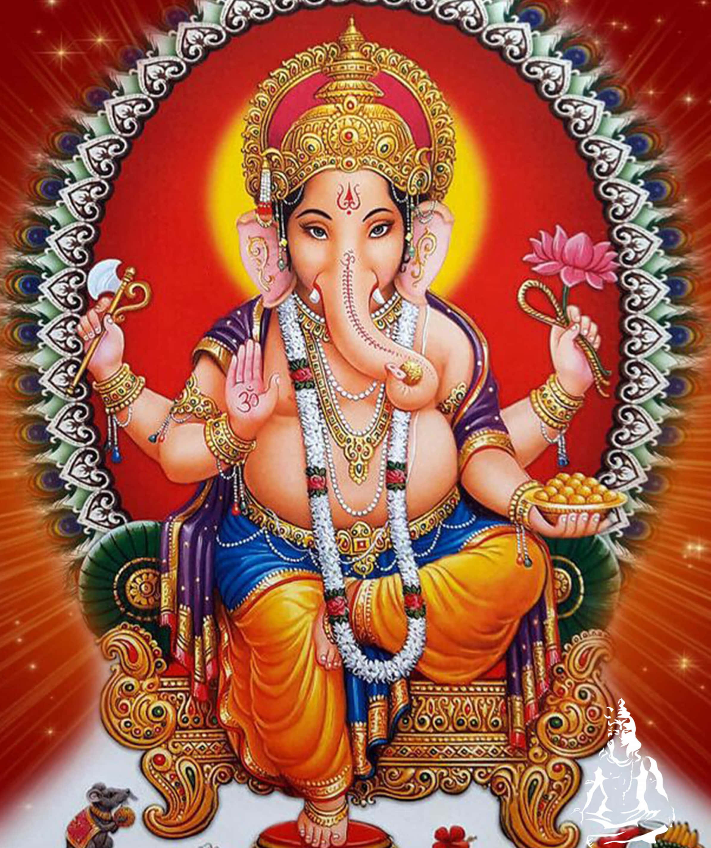 Ganesh 桌布 壁紙 — 裝飾著黃金和珠寶的象頭神迦內什莊嚴地坐在華麗的寶座上，背景是閃耀的紅色和閃爍的星星。